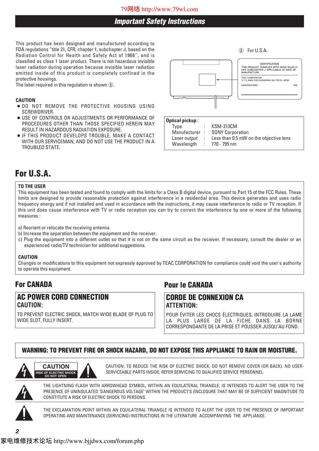 Teac SLD80R owner manual Important Safety Instructions, To the User 