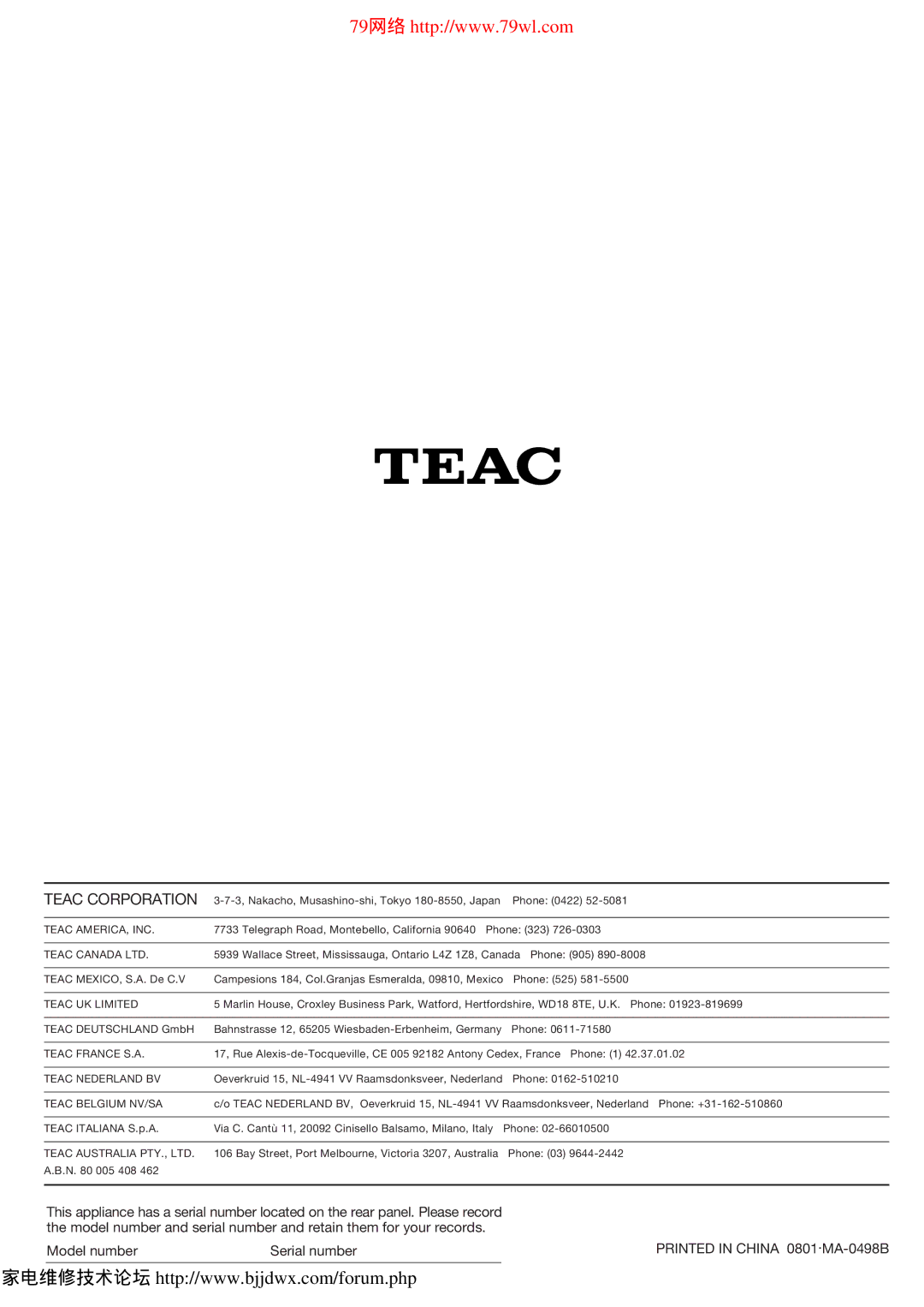 Teac SLD80R owner manual Teac Corporation 