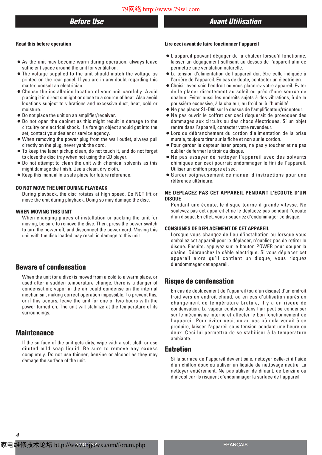 Teac SLD80R owner manual Before Use, Avant Utilisation 