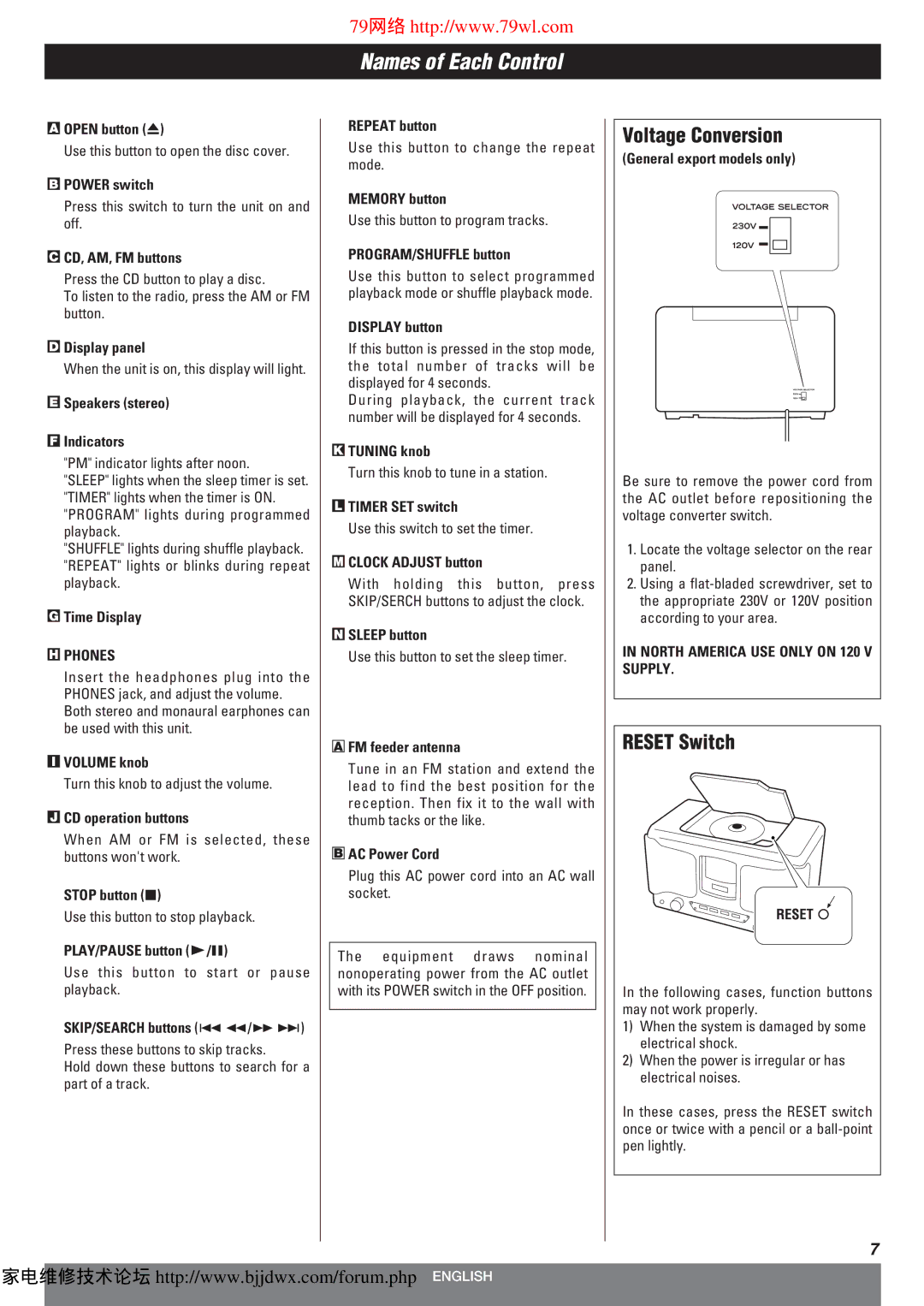 Teac SLD80R owner manual Voltage Conversion, Reset Switch, Phones, North America USE only on 120 V Supply 