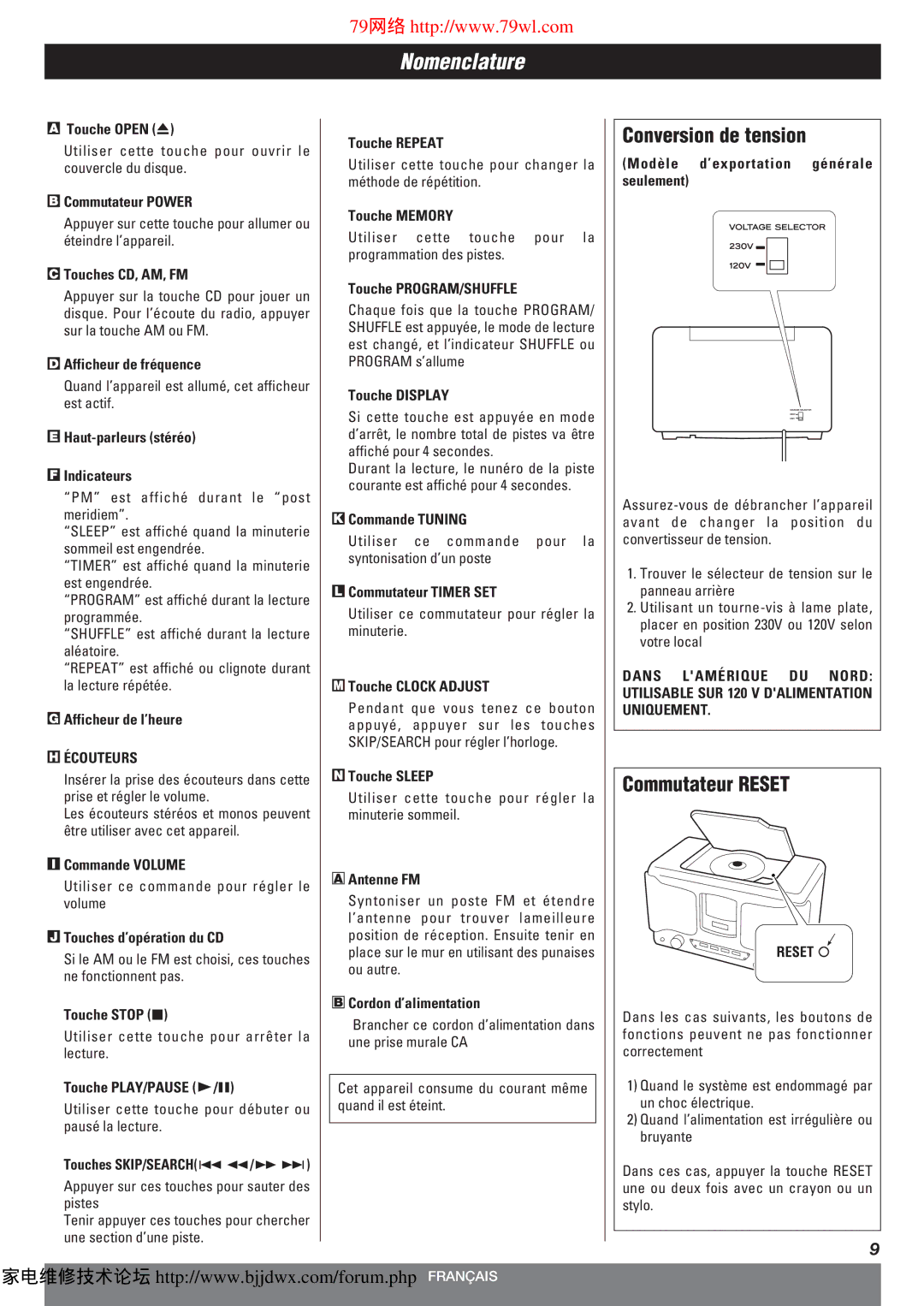 Teac SLD80R owner manual Conversion de tension, Commutateur Reset, Écouteurs 