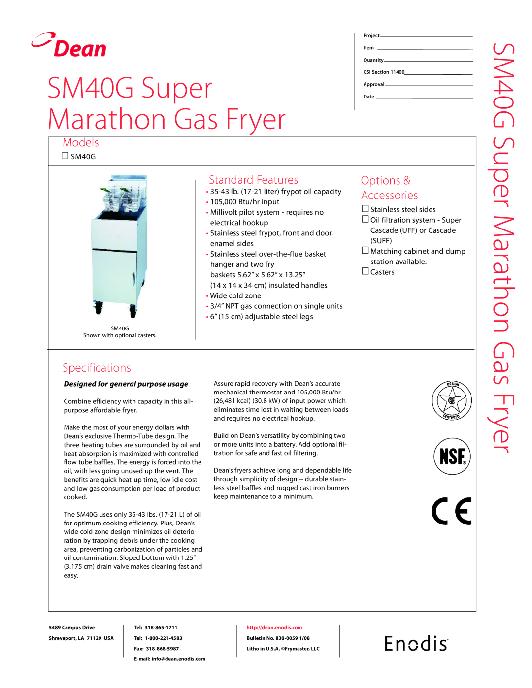 Teac SM40G specifications Marathon, Gas Fryer, Standard Features, Options Accessories, Specifications 