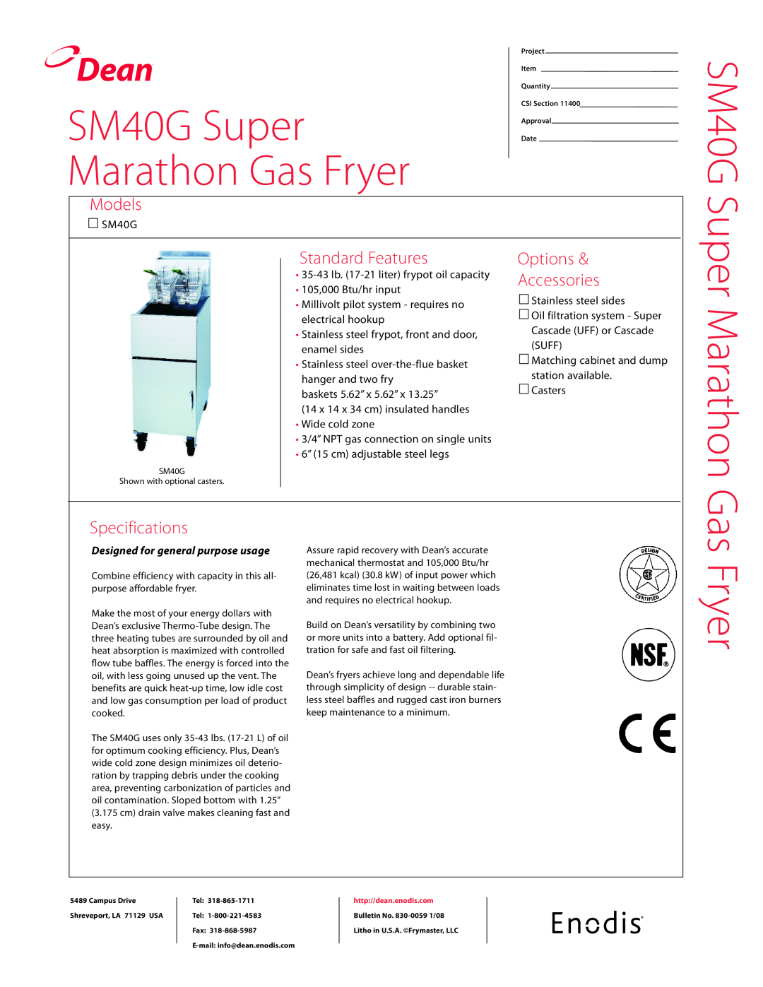 Teac specifications Dean, SM40G Super Marathon Gas Fryer, Models, Standard Features, Options Accessories 