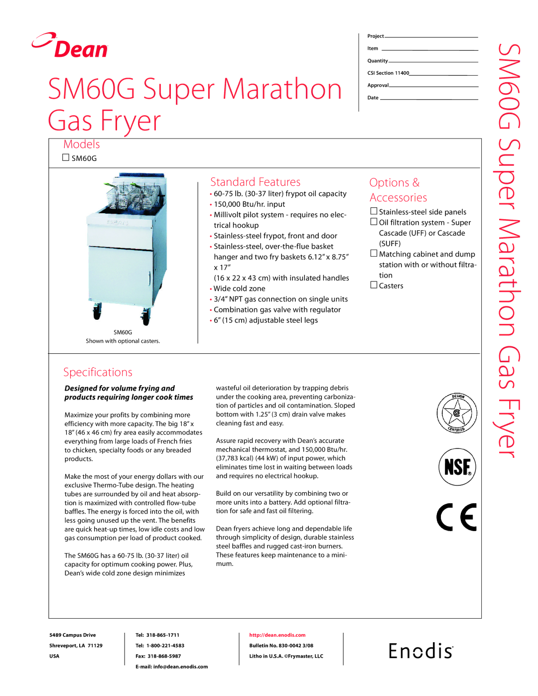 Teac specifications SM60G Super Marathon Gas Fryer 