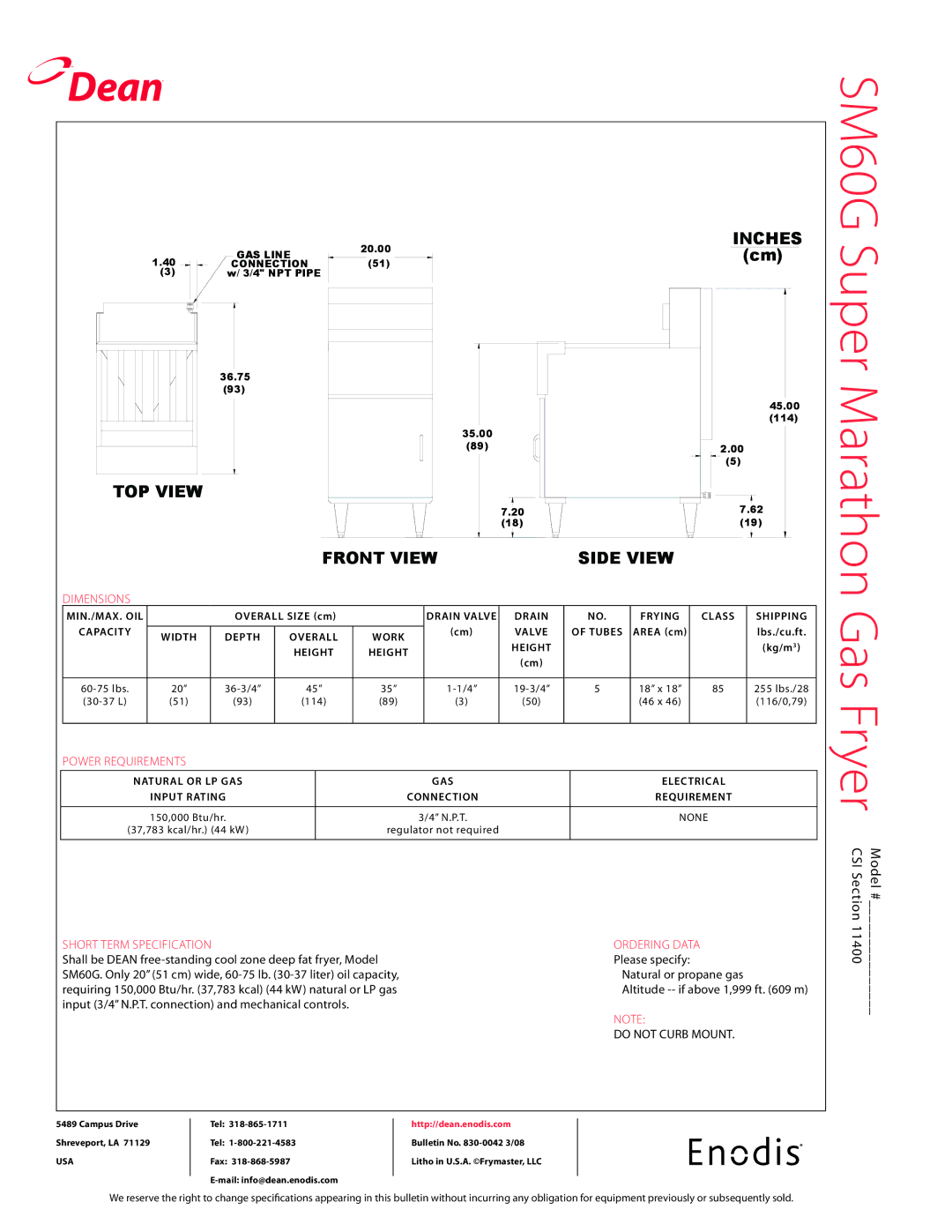 Teac SM60G specifications Dimensions, Power requirements, Short term specification 