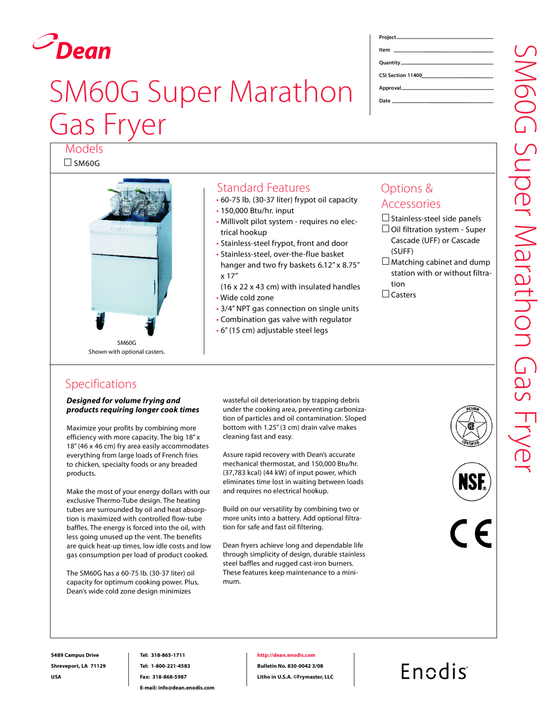 Teac specifications Dean, SM60G Super Marathon Gas Fryer, Models, Standard Features, Options Accessories 