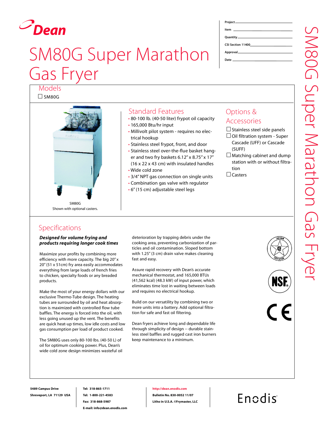 Teac specifications Dean, SM80G Super Marathon Gas Fryer, Models, Standard Features, Options & Accessories 