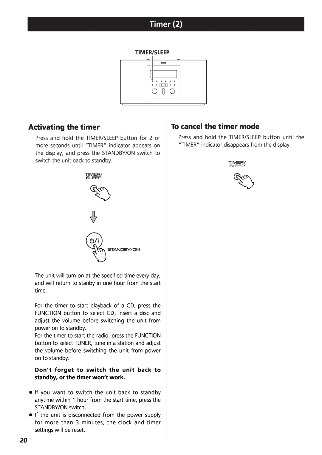 Teac SR-L35CD owner manual Activating the timer, To cancel the timer mode, Timer 