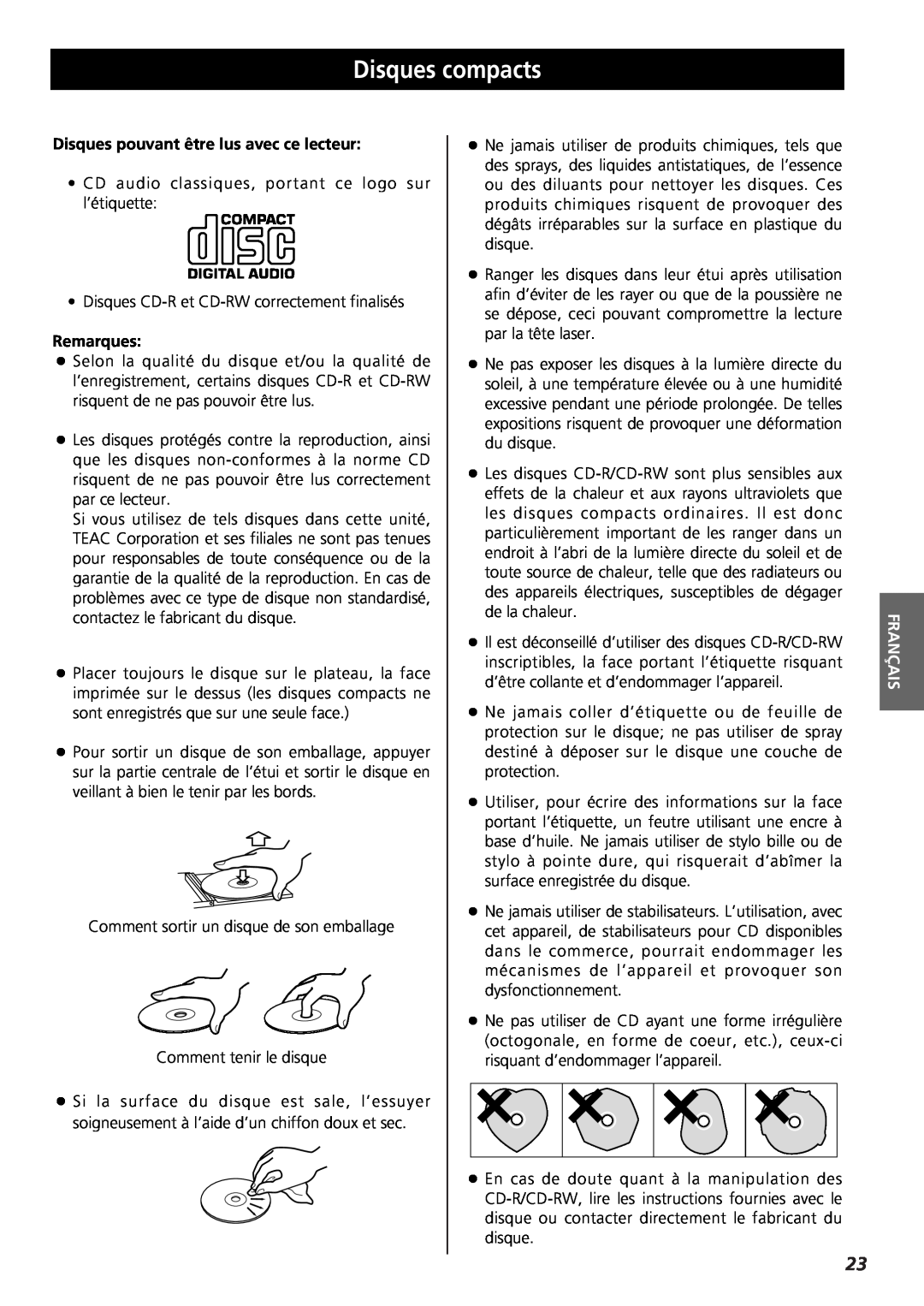 Teac SR-L35CD owner manual Disques compacts, Français 