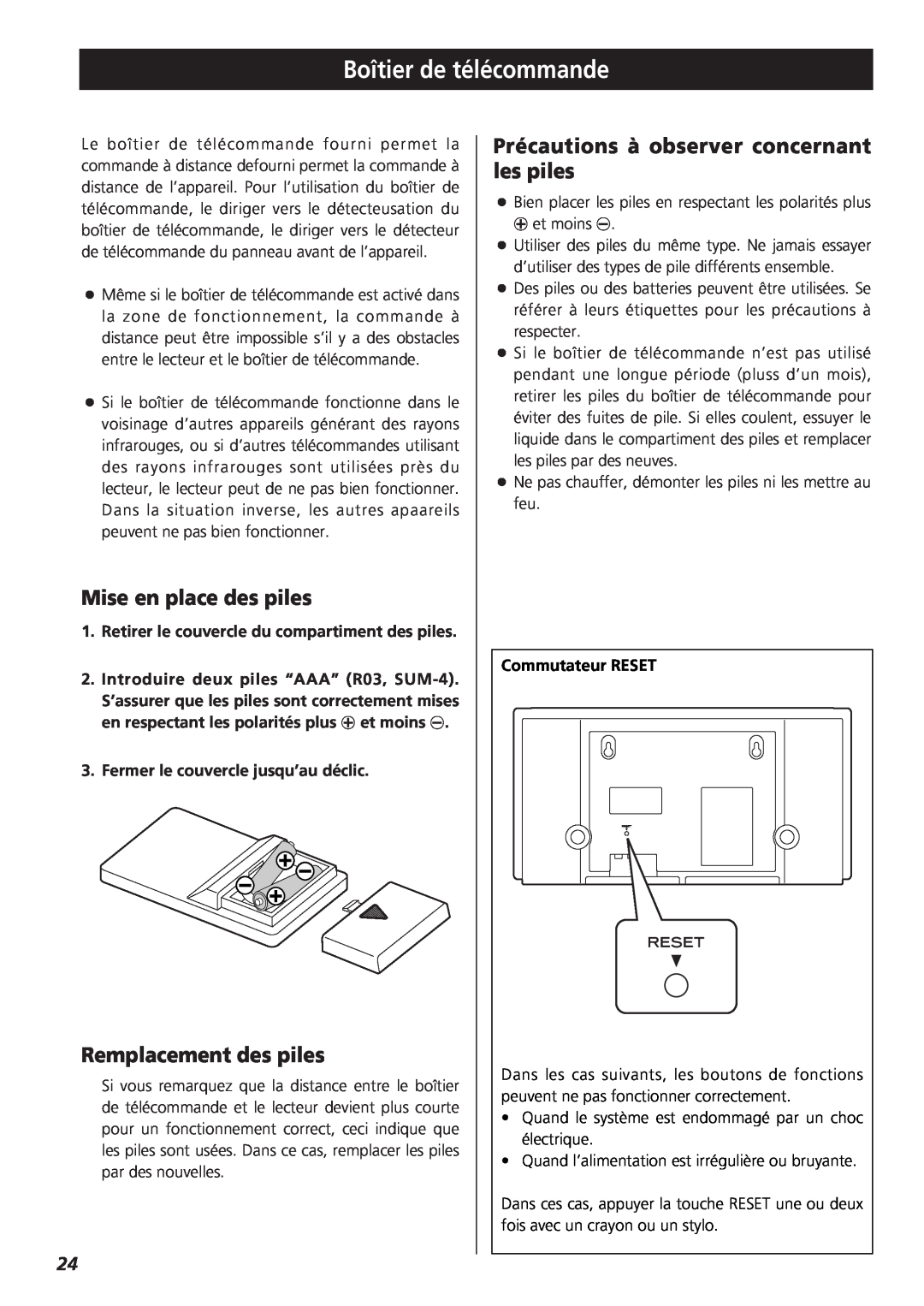 Teac SR-L35CD owner manual Boîtier de télécommande, Mise en place des piles, Remplacement des piles 