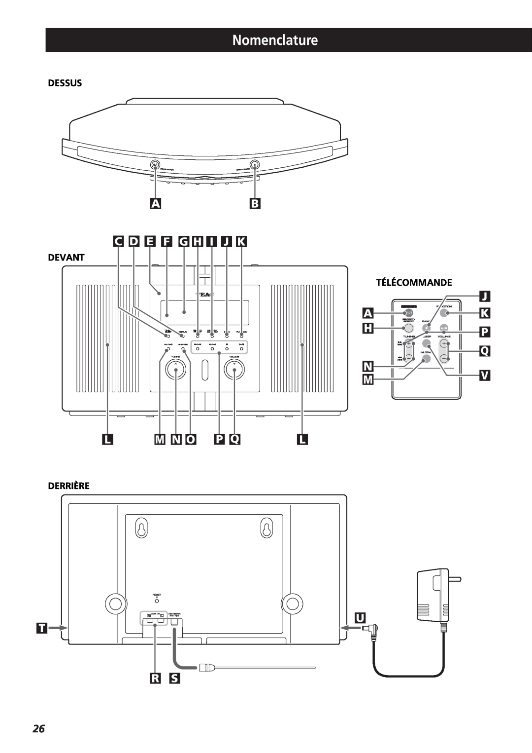 Teac SR-L35CD owner manual Nomenclature, Devant, J Ak, U T R S 