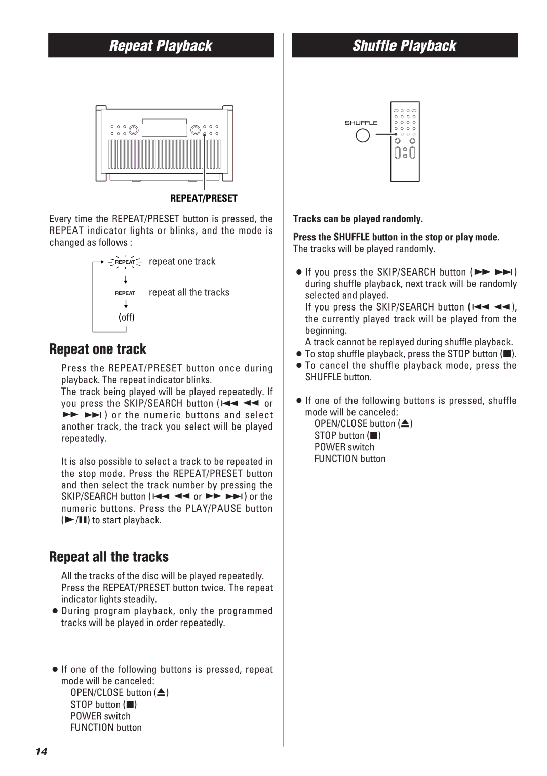 Teac SR-L50 owner manual Repeat Playback, Shuffle Playback, Repeat one track, Repeat all the tracks, Repeat/Preset 