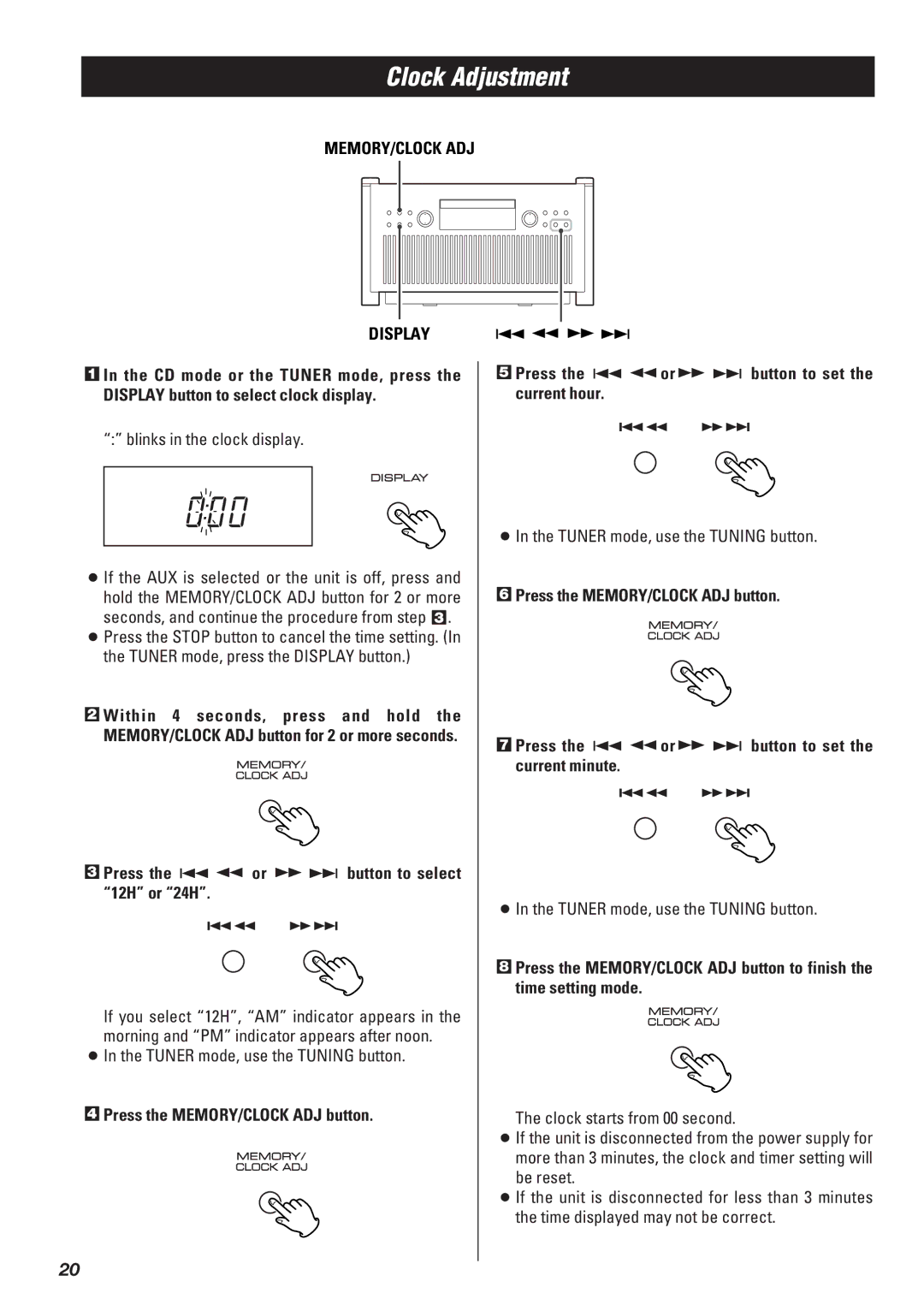 Teac SR-L50 owner manual Clock Adjustment, Memory/Clock Adj, Display .m, Press the .m or ,/ button to select 12H or 24H 