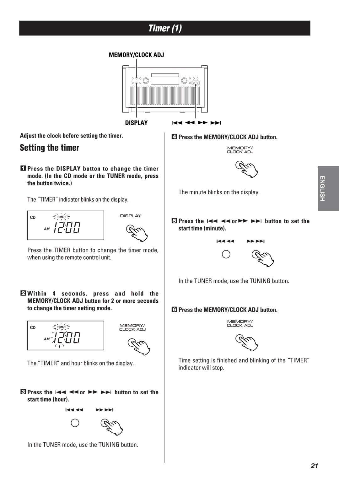 Teac SR-L50 owner manual Timer, Setting the timer, MEMORY/CLOCK ADJ Display 