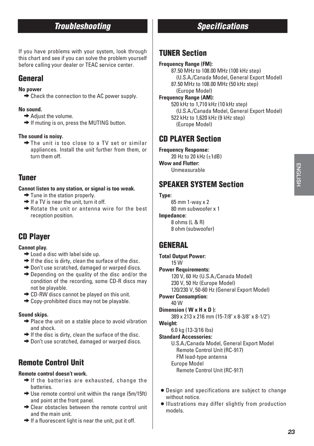 Teac SR-L50 owner manual Troubleshooting, Specifications 