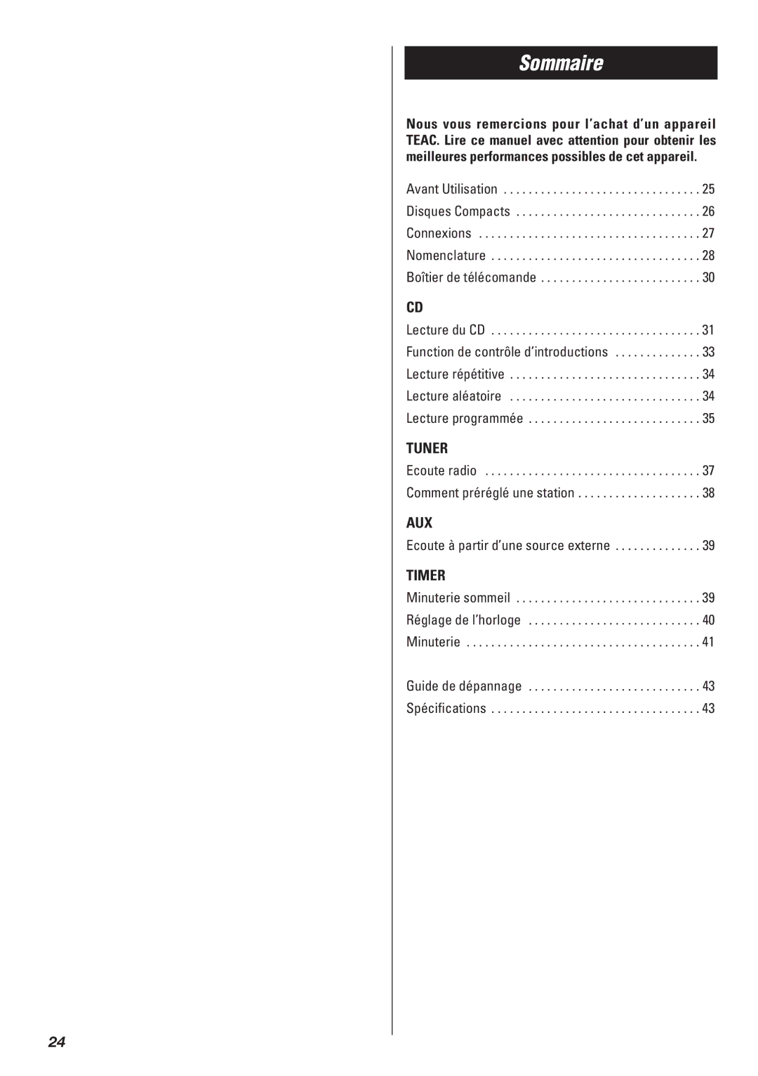 Teac SR-L50 owner manual Sommaire, Tuner, Aux, Timer 