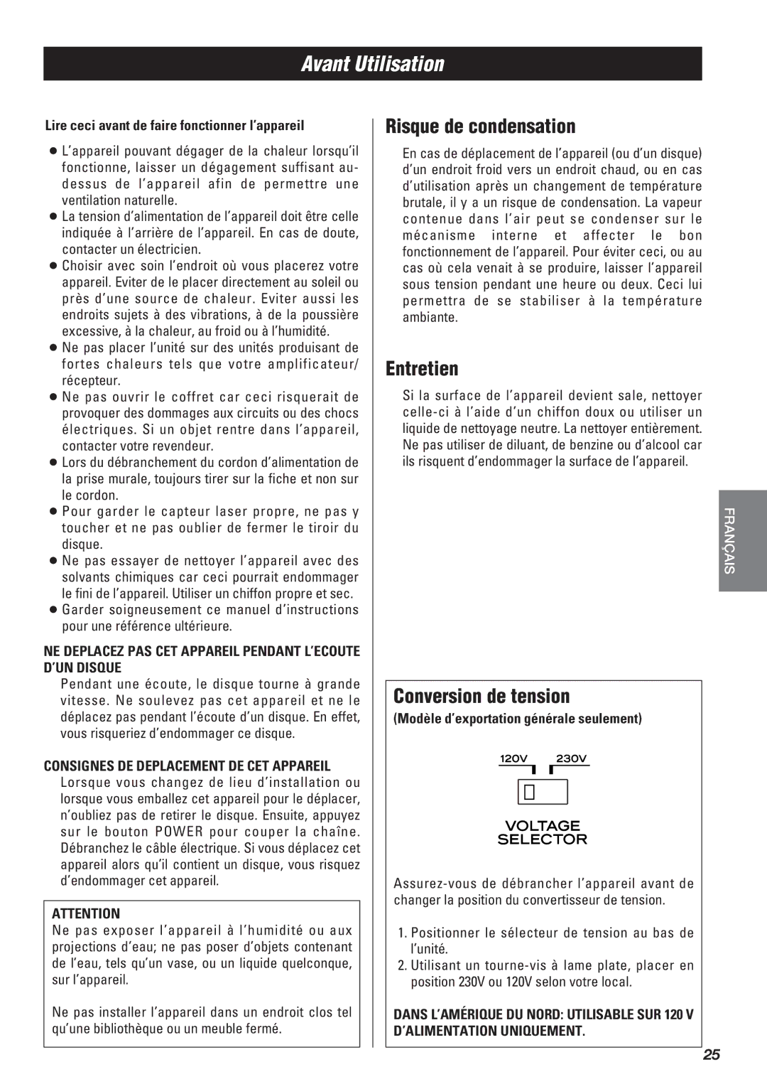 Teac SR-L50 owner manual Avant Utilisation, Risque de condensation, Entretien, Conversion de tension 