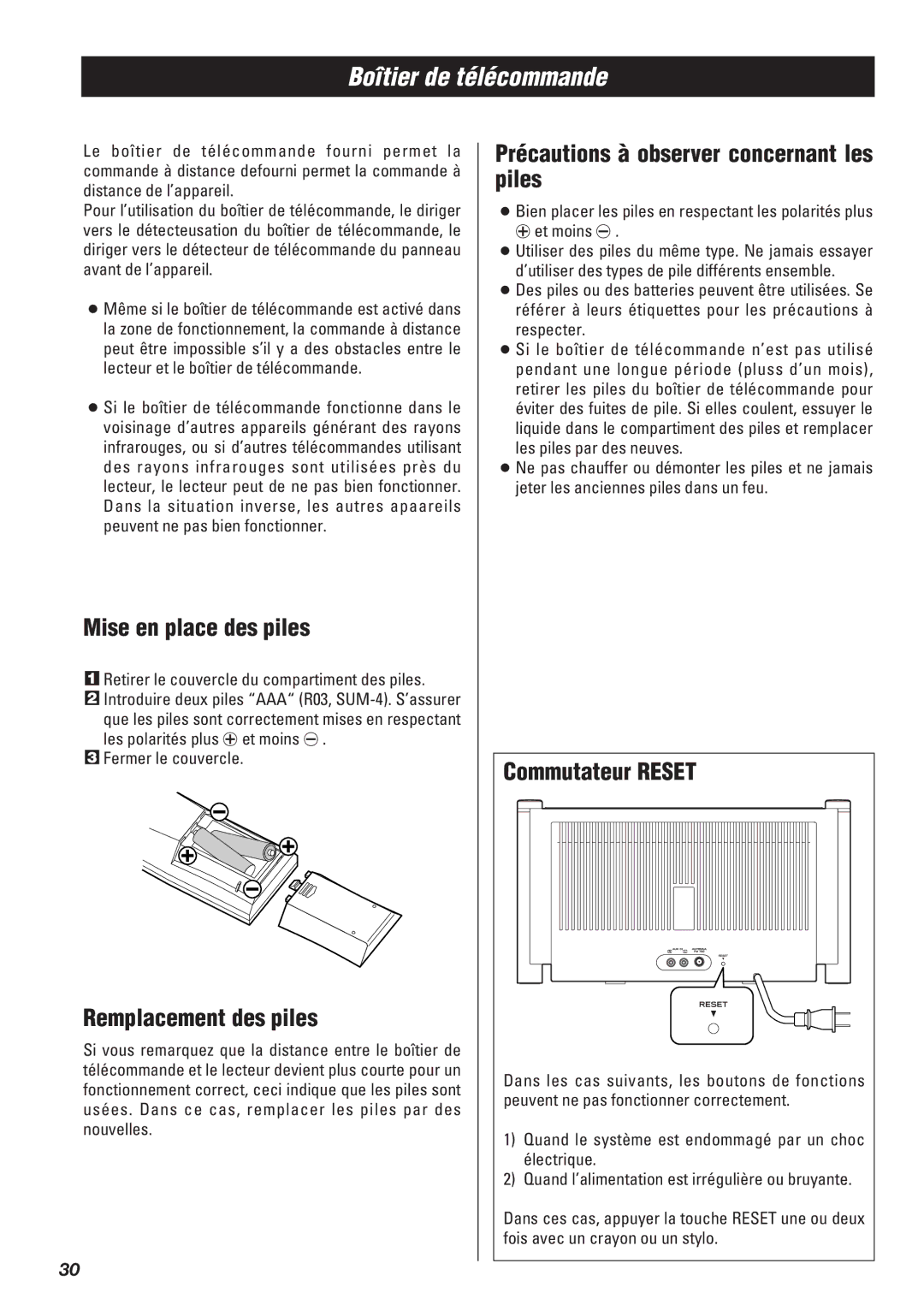 Teac SR-L50 owner manual Boîtier de télécommande, Mise en place des piles, Remplacement des piles, Commutateur Reset 