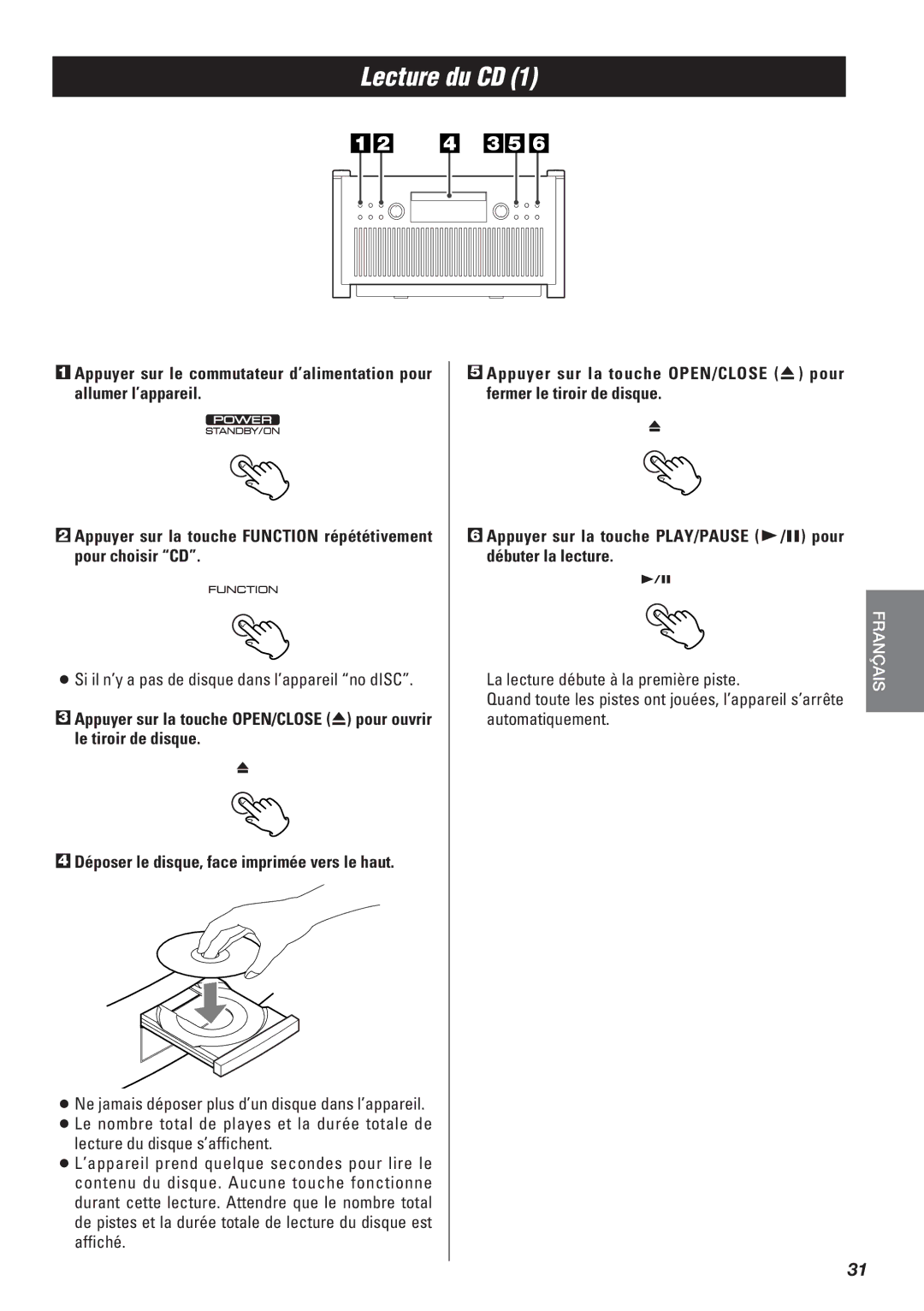 Teac SR-L50 owner manual Lecture du CD, Si il n’y a pas de disque dans l’appareil no dISC 