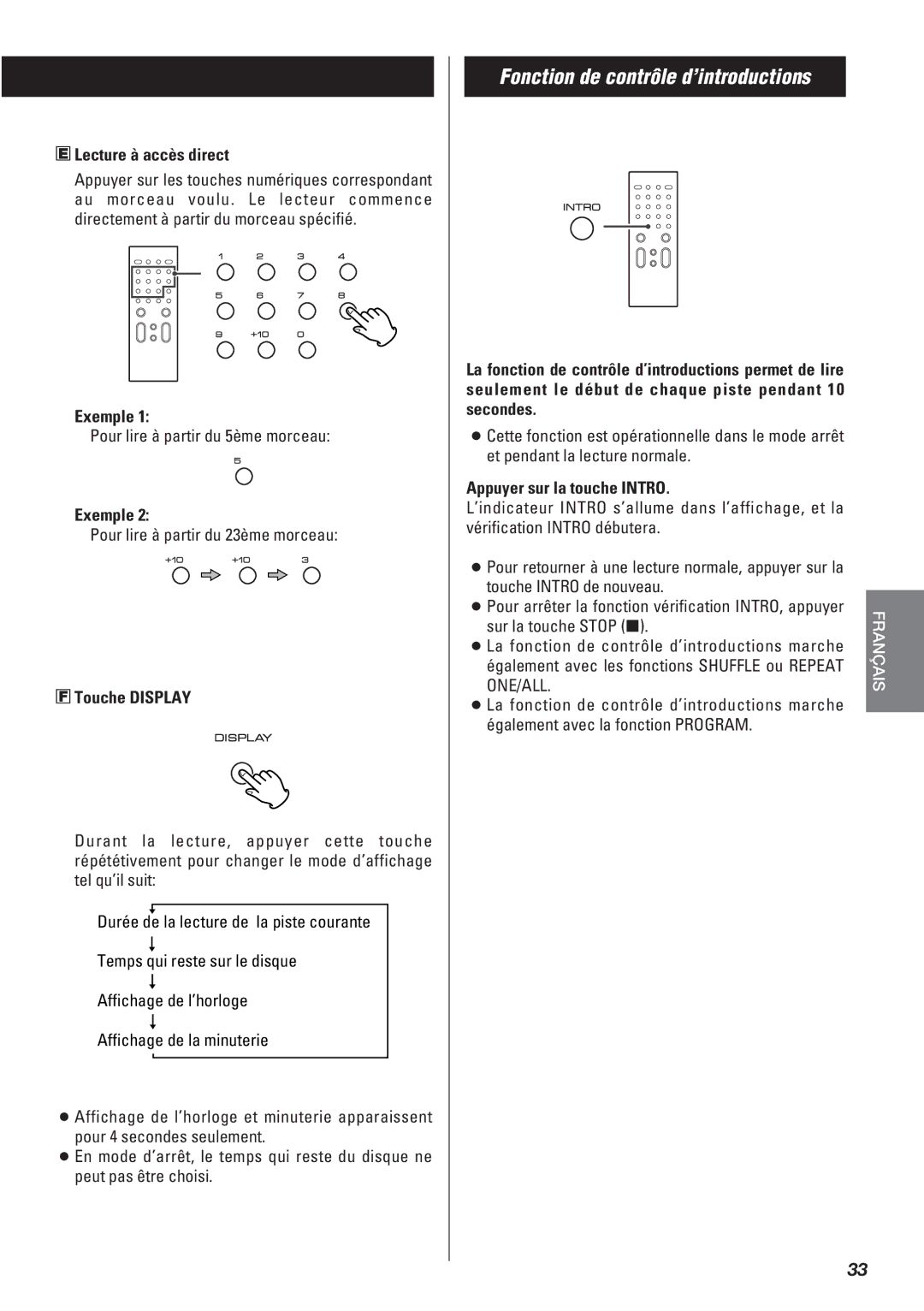 Teac SR-L50 owner manual Lecture à accès direct, Exemple, Touche Display, Appuyer sur la touche Intro 