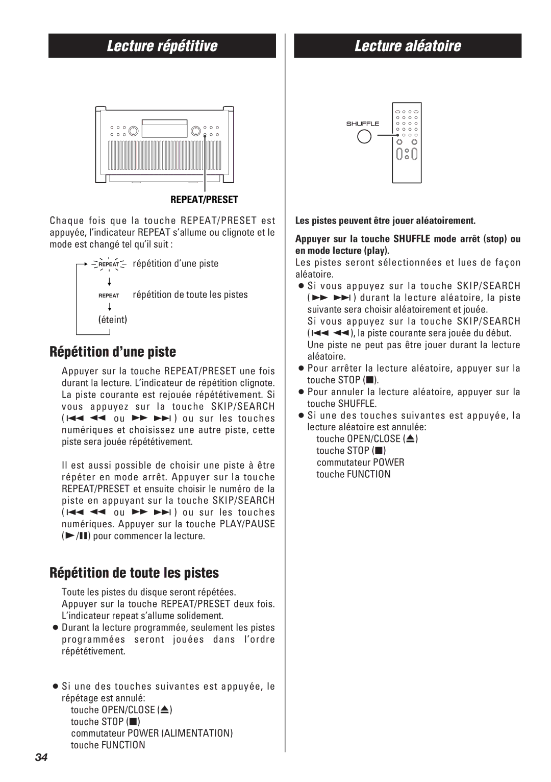 Teac SR-L50 owner manual Lecture répétitive, Lecture aléatoire, Répétition d’une piste, Répétition de toute les pistes 