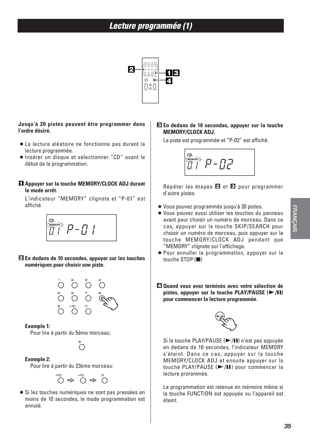 Teac SR-L50 owner manual Lecture programmée, Appuyer sur la touche MEMORY/CLOCK ADJ durant le mode arrêt 