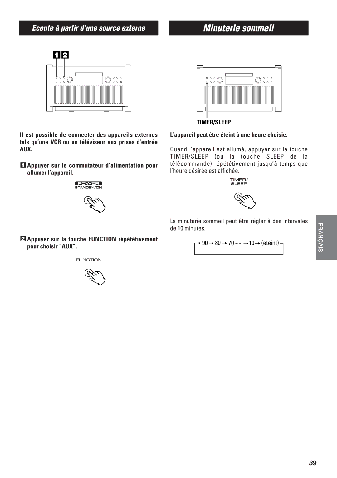 Teac SR-L50 owner manual Minuterie sommeil, ’appareil peut être éteint à une heure choisie, De 10 minutes 