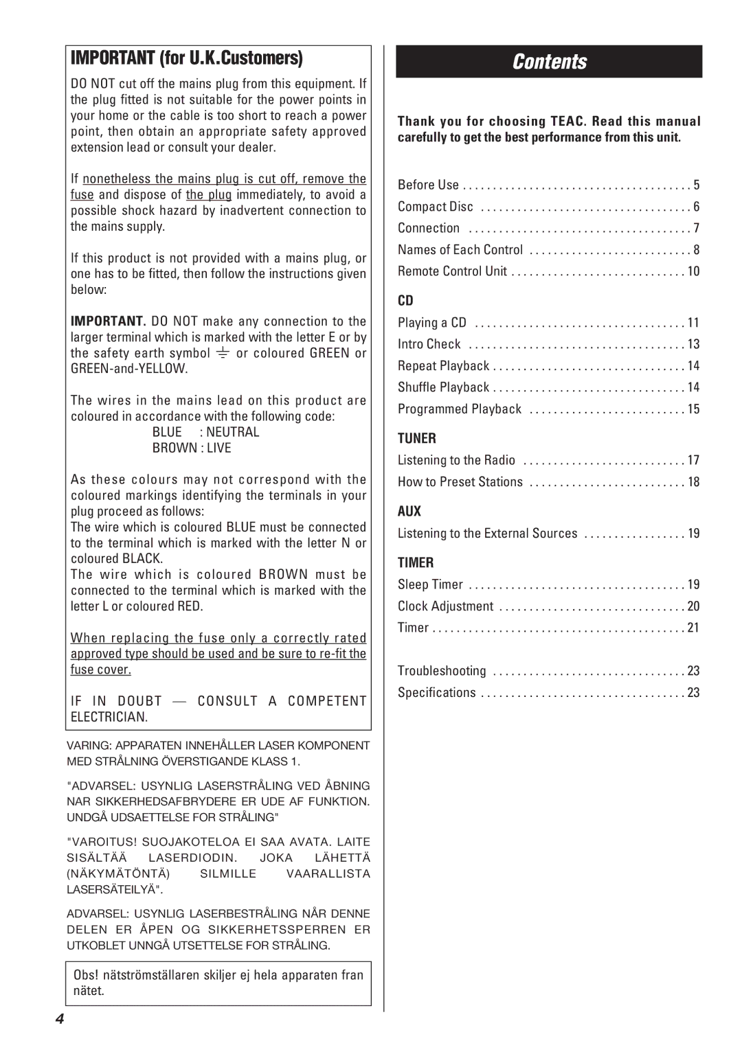 Teac SR-L50 owner manual Contents 