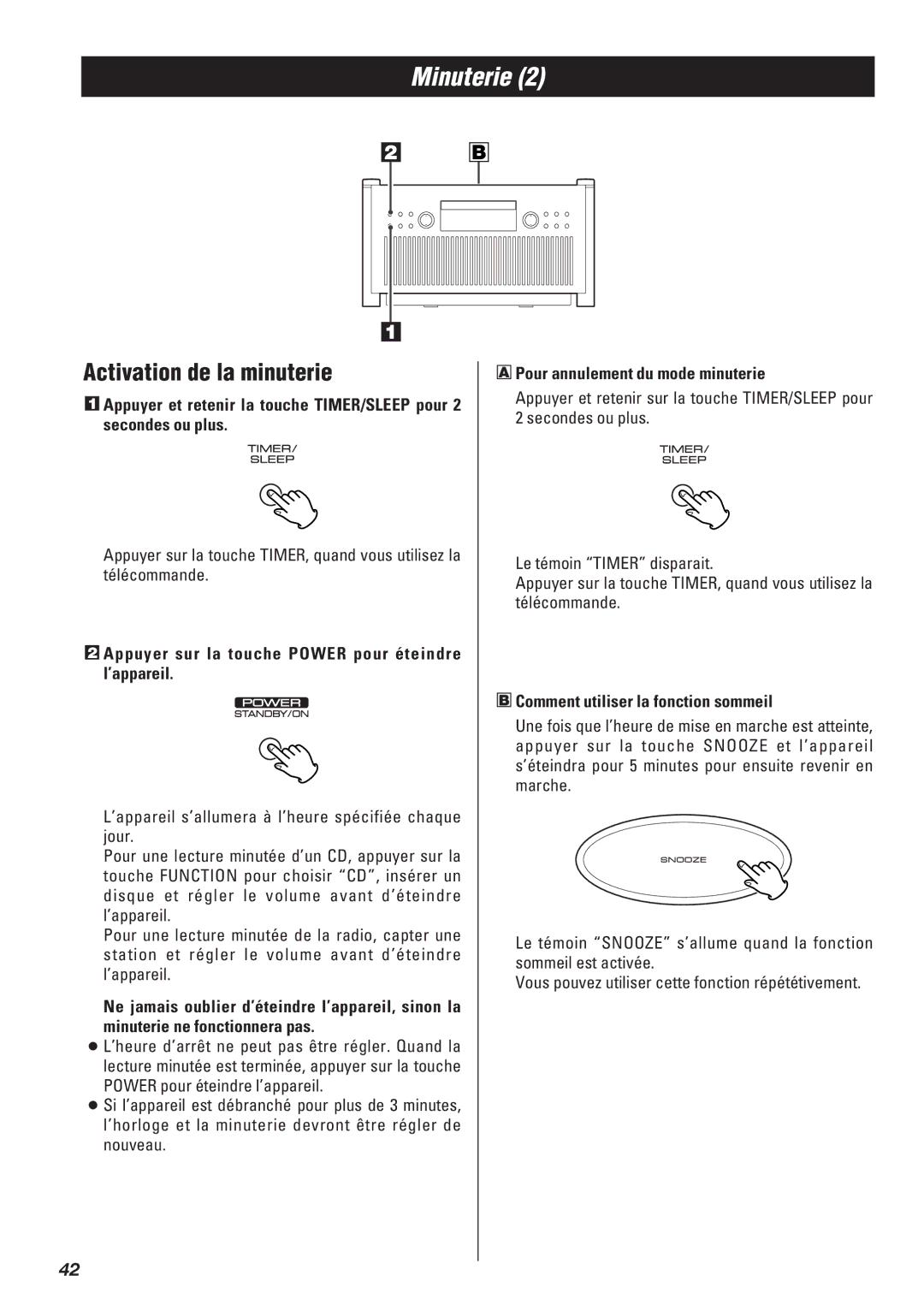 Teac SR-L50 owner manual Activation de la minuterie, Appuyer sur la touche Power pour éteindre l’appareil 