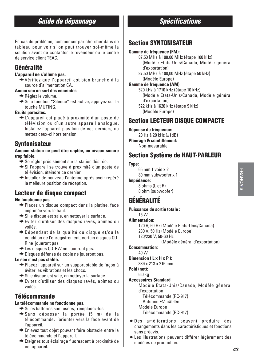 Teac SR-L50 owner manual Guide de dépannage, Spécifications 