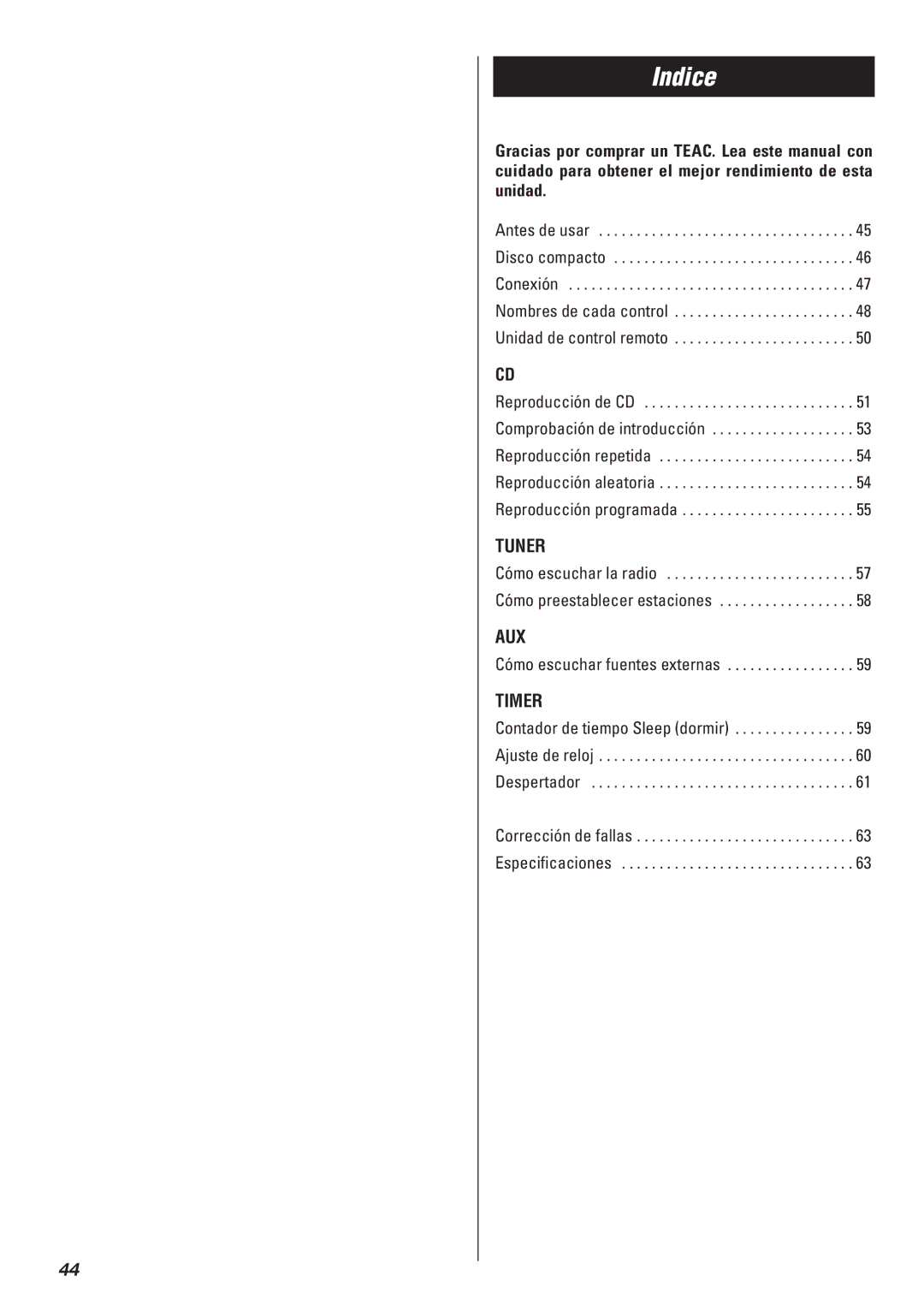 Teac SR-L50 owner manual Indice 