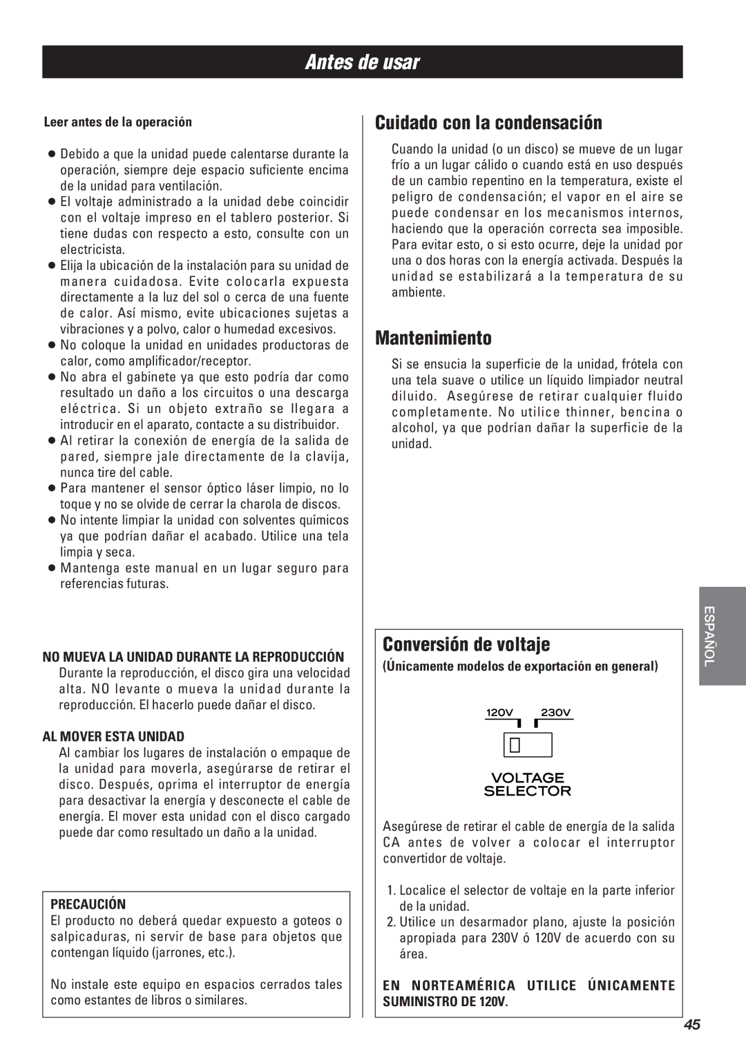 Teac SR-L50 owner manual Antes de usar, Cuidado con la condensación, Mantenimiento, Conversión de voltaje 