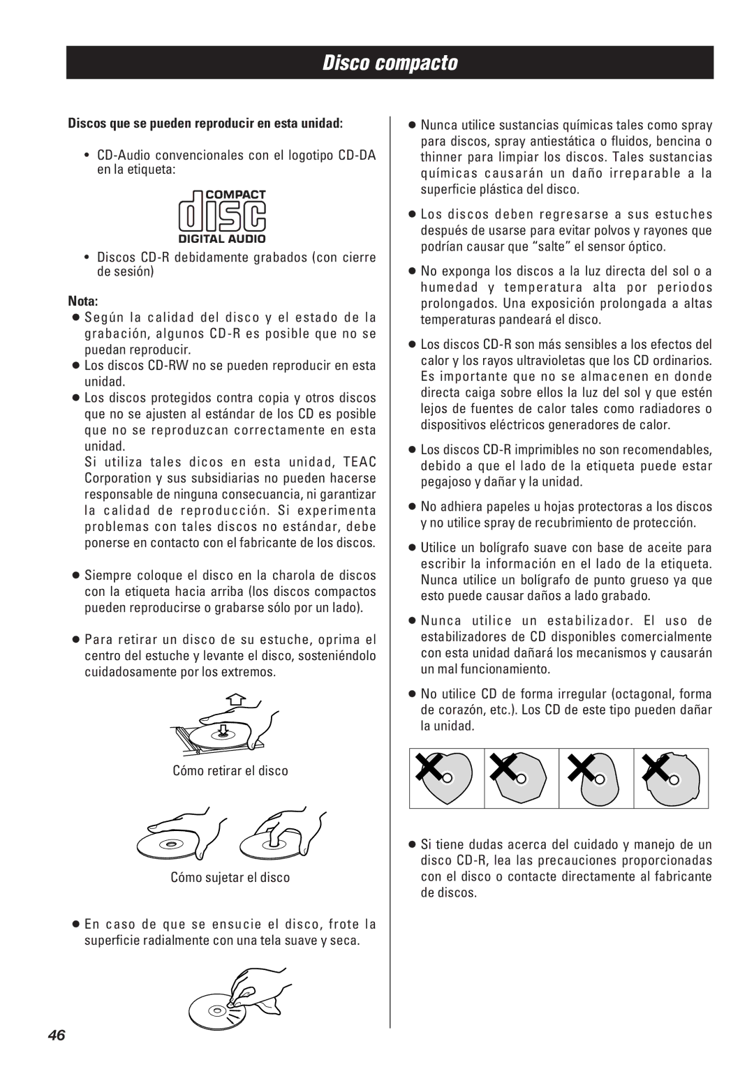 Teac SR-L50 owner manual Disco compacto, Discos que se pueden reproducir en esta unidad, Nota 