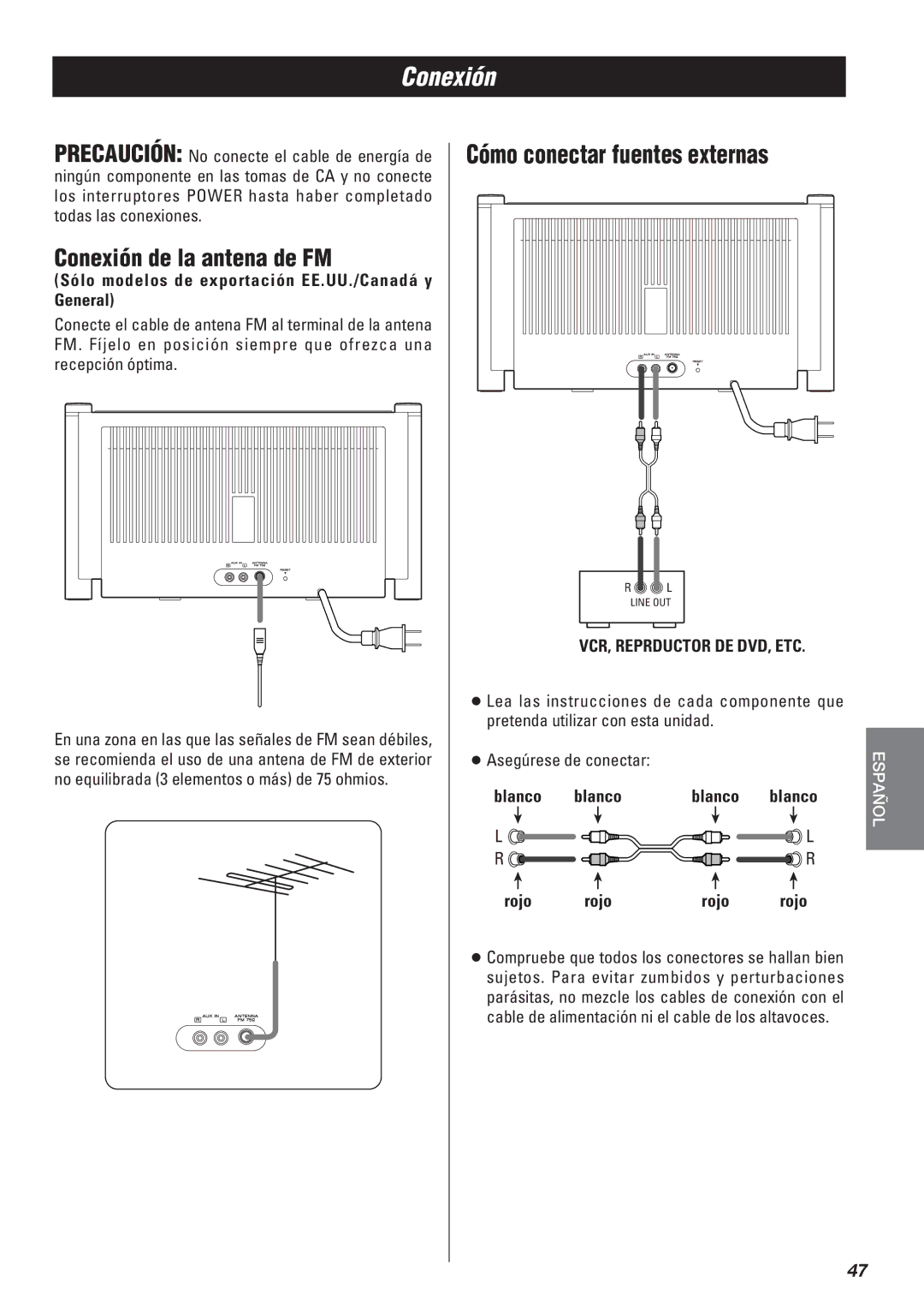 Teac SR-L50 owner manual Conexión de la antena de FM, VCR, Reprductor DE DVD, ETC 