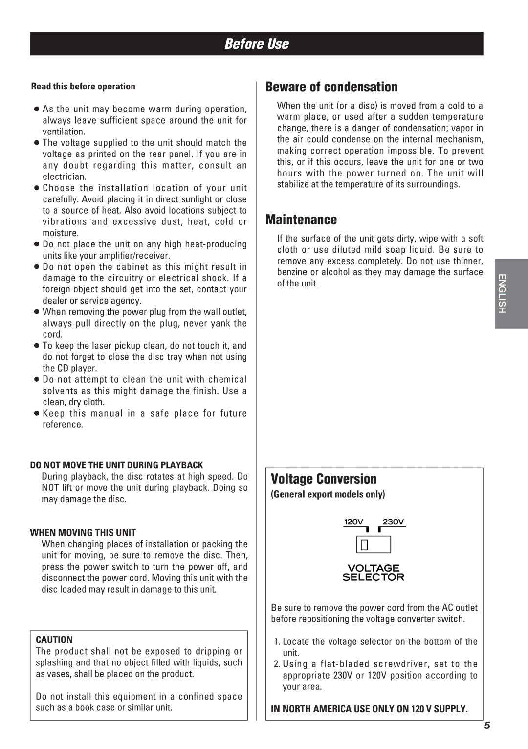 Teac SR-L50 owner manual Before Use, Beware of condensation, Maintenance, Voltage Conversion 