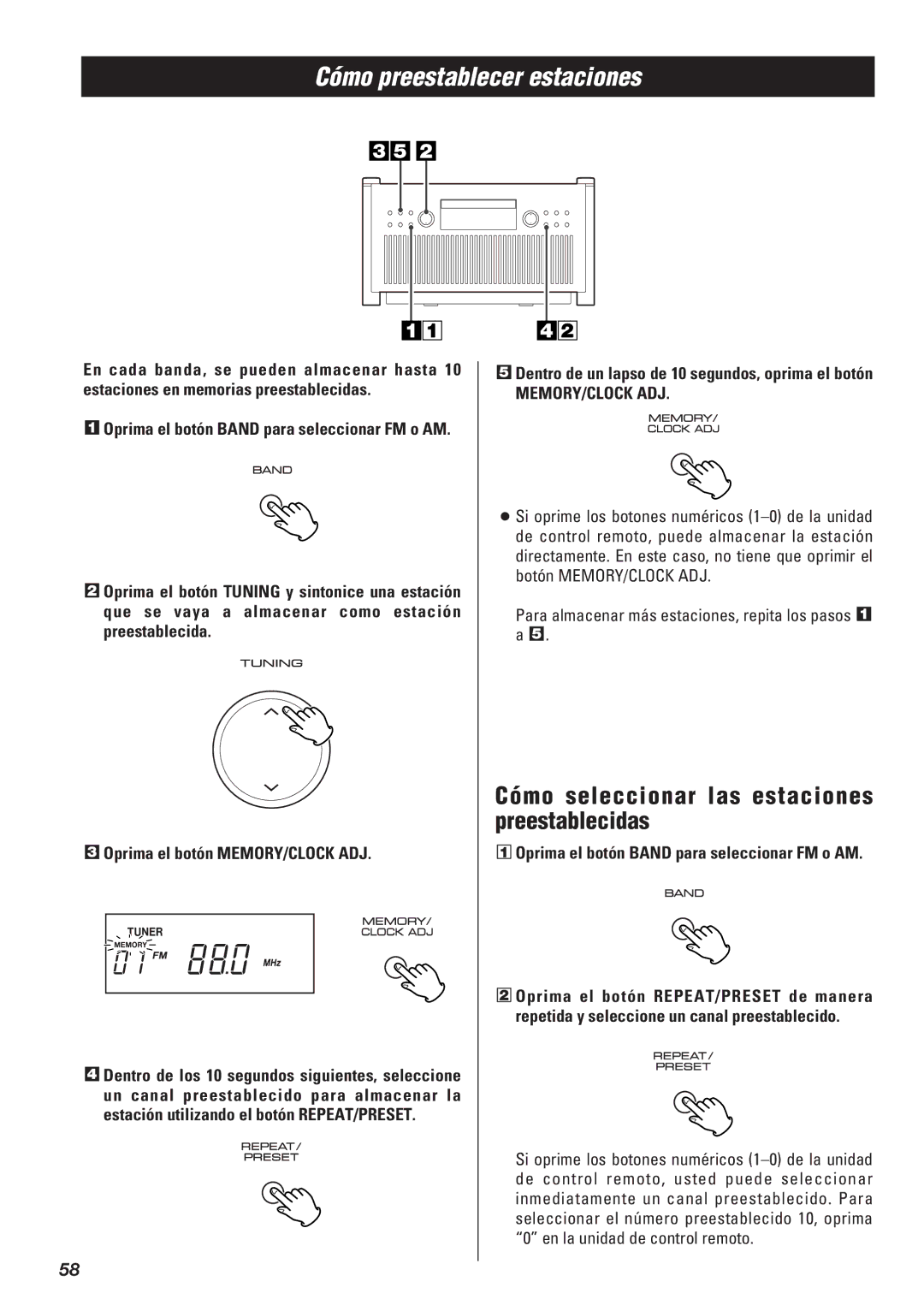 Teac SR-L50 owner manual Cómo preestablecer estaciones, Cómo seleccionar las estaciones preestablecidas 