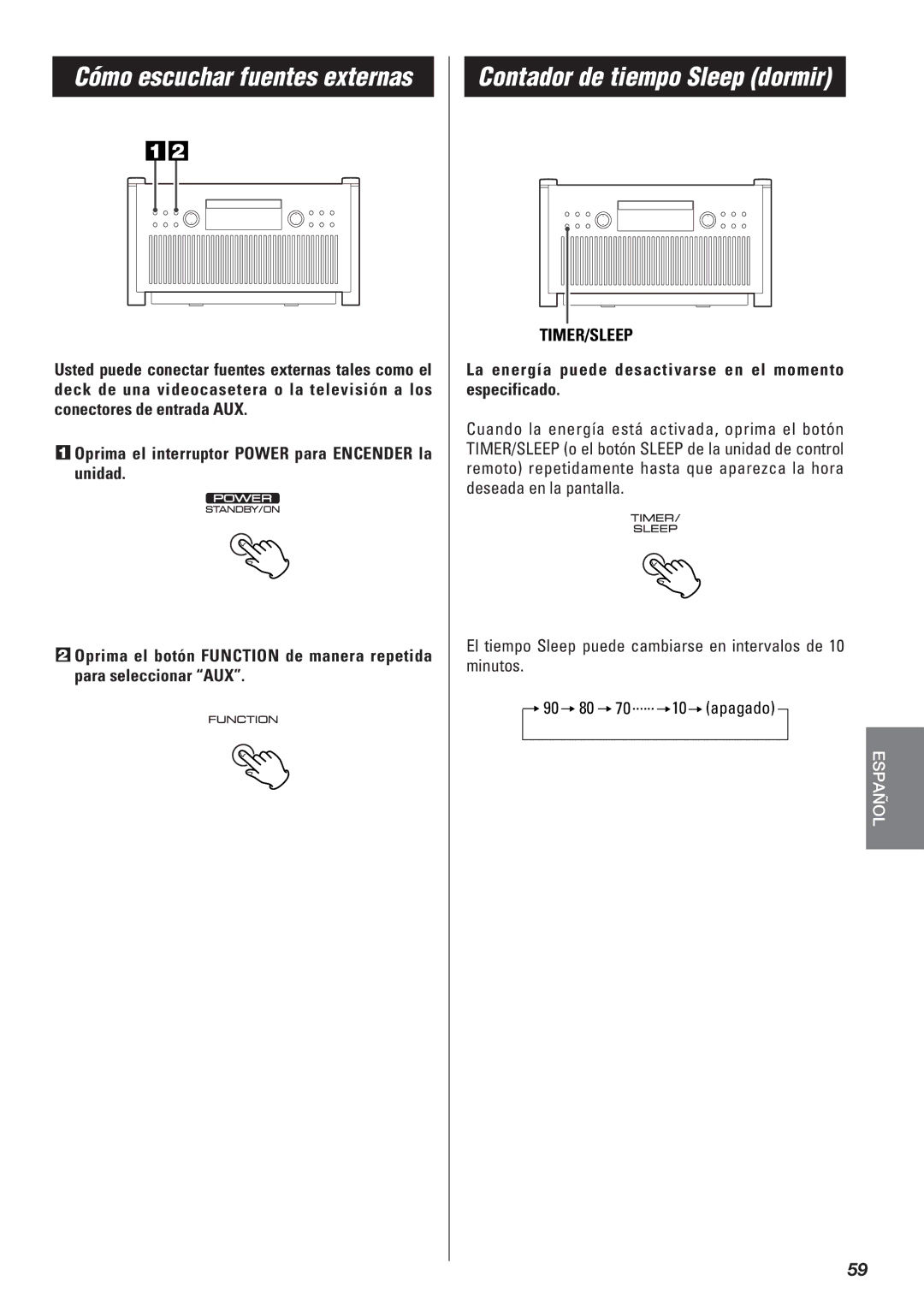 Teac SR-L50 owner manual Contador de tiempo Sleep dormir, La energía puede desactivarse en el momento especificado 