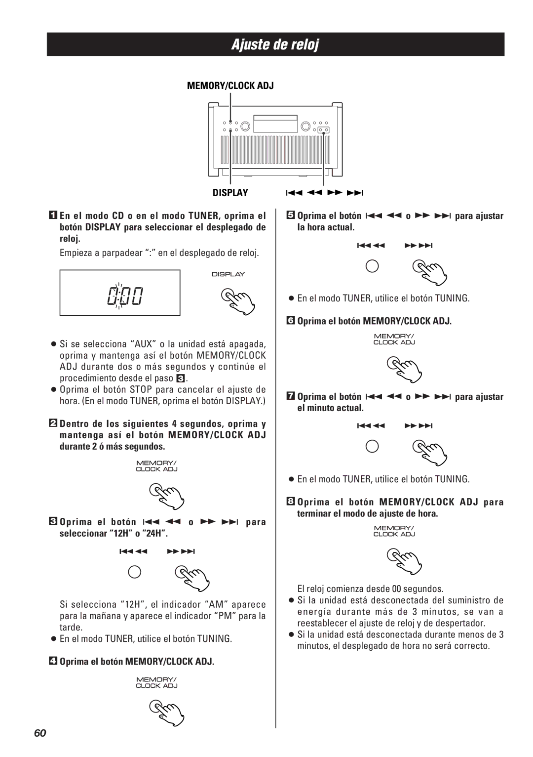 Teac SR-L50 Ajuste de reloj, Empieza a parpadear en el desplegado de reloj, El reloj comienza desde 00 segundos 