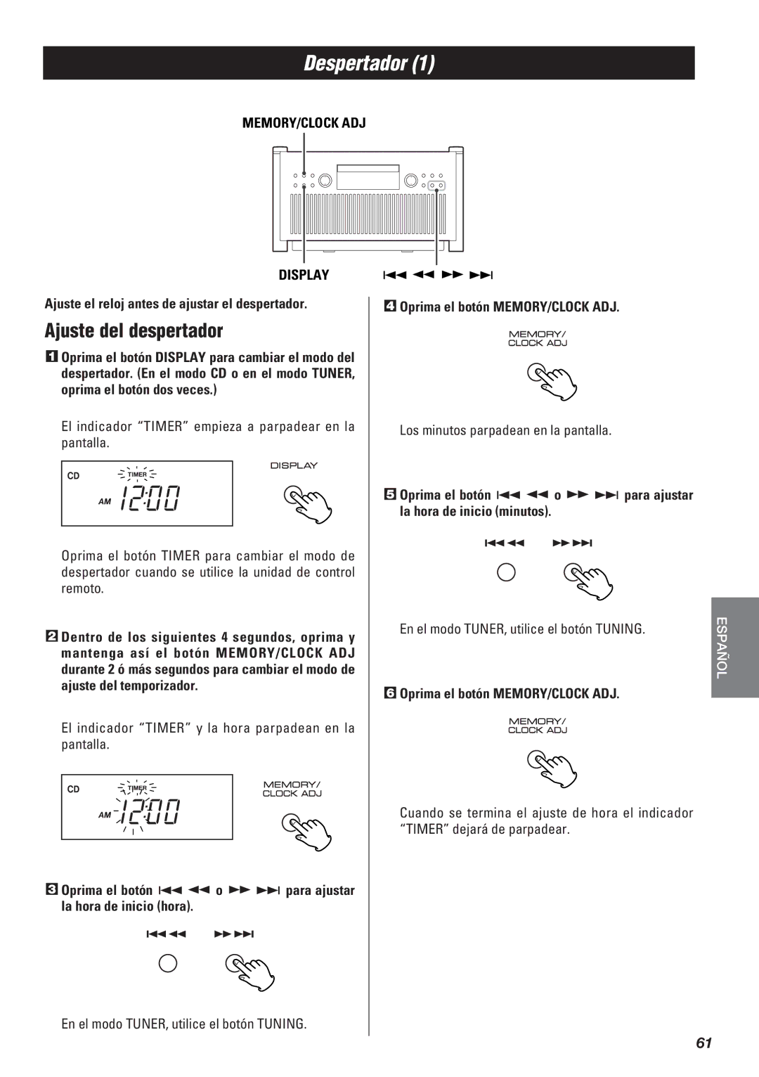 Teac SR-L50 owner manual Despertador, Ajuste del despertador, Ajuste el reloj antes de ajustar el despertador 