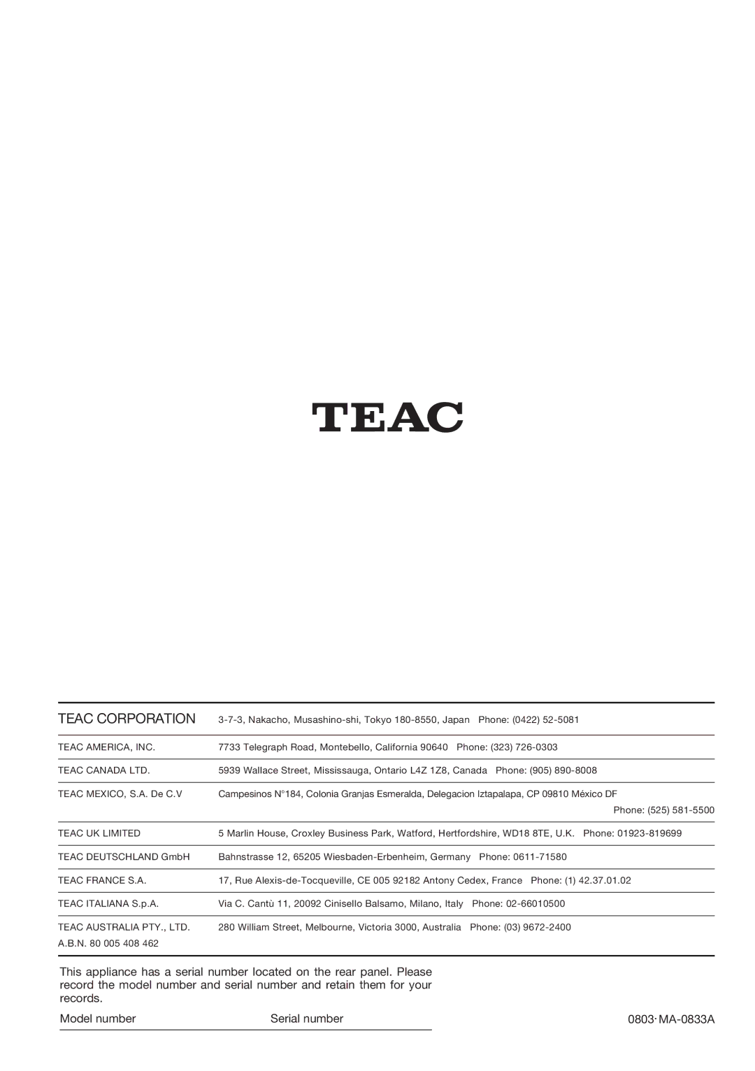 Teac SR-L50 owner manual Teac Corporation 