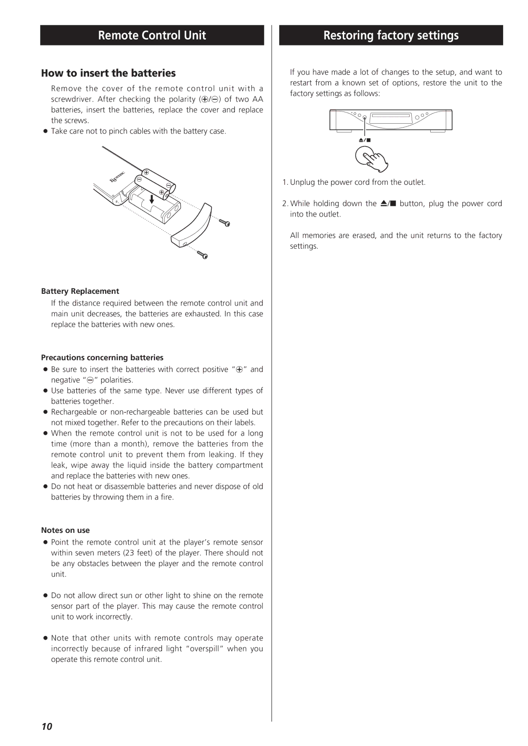 Teac SZ-1 owner manual Remote Control Unit, Restoring factory settings, How to insert the batteries, Battery Replacement 