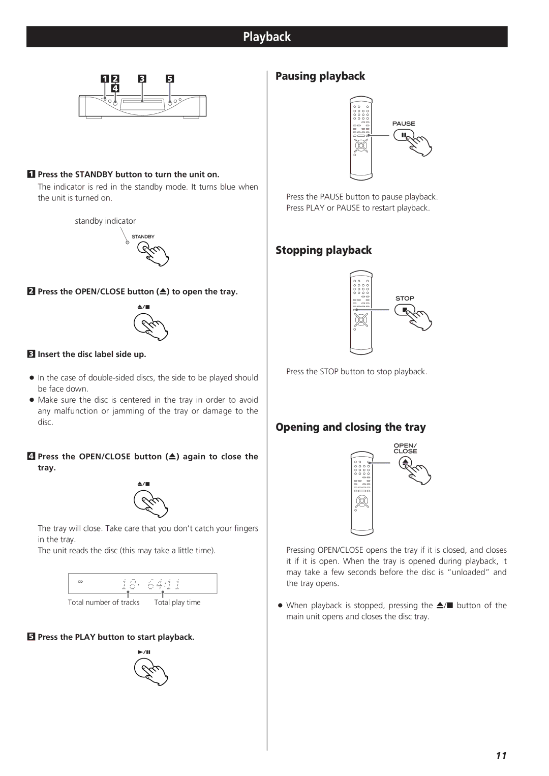 Teac SZ-1 owner manual Playback, Pausing playback, Stopping playback, Opening and closing the tray 