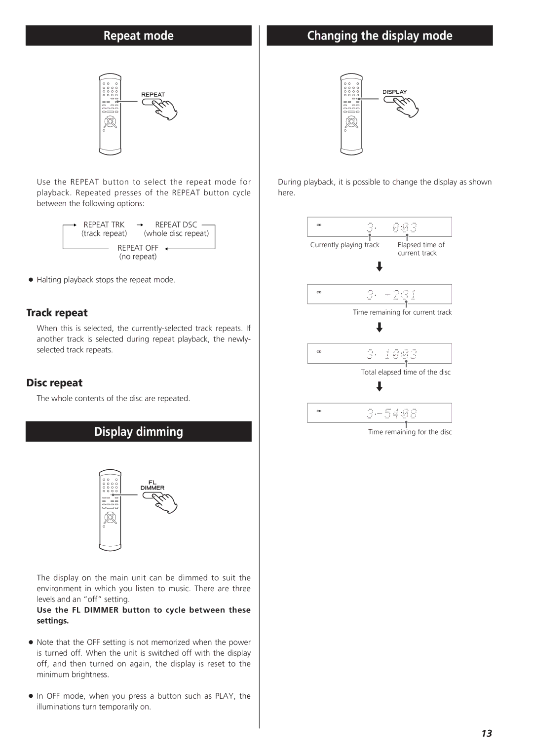 Teac SZ-1 owner manual Repeat mode, Display dimming, Changing the display mode, Track repeat, Disc repeat 