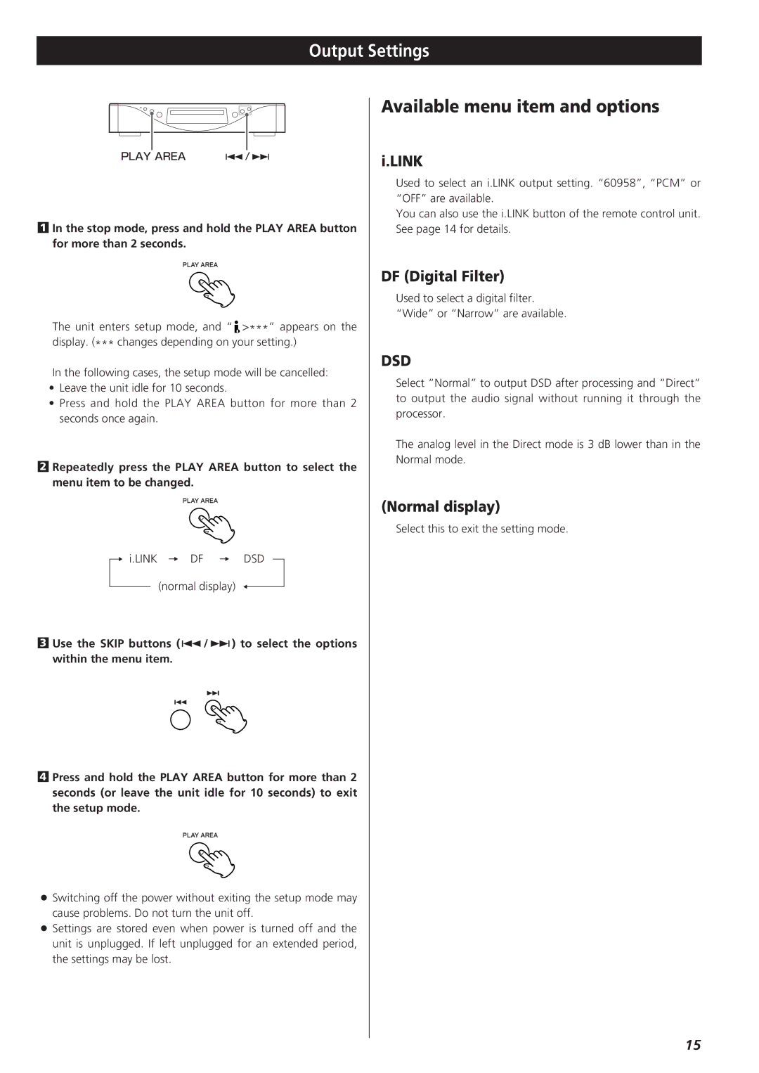 Teac SZ-1 owner manual Output Settings, Link, DF Digital Filter, Normal display 