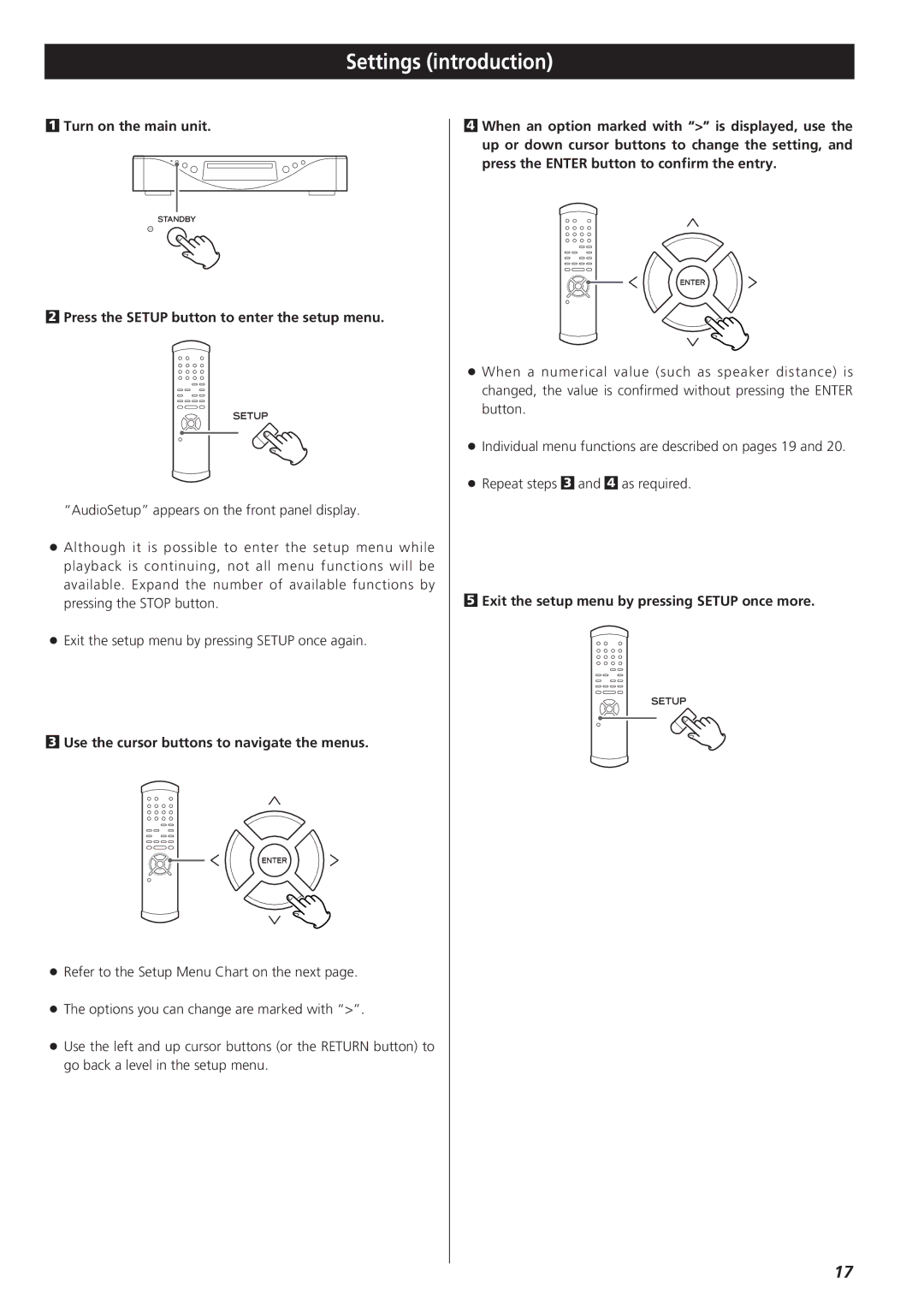 Teac SZ-1 owner manual Settings introduction, Use the cursor buttons to navigate the menus 