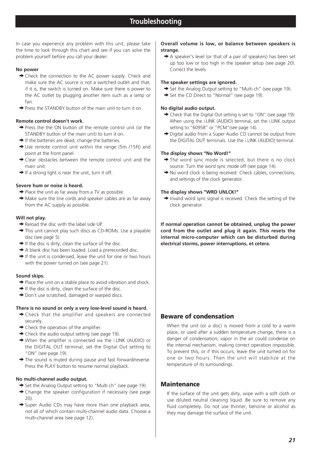 Teac SZ-1 owner manual Troubleshooting, Beware of condensation, Maintenance 