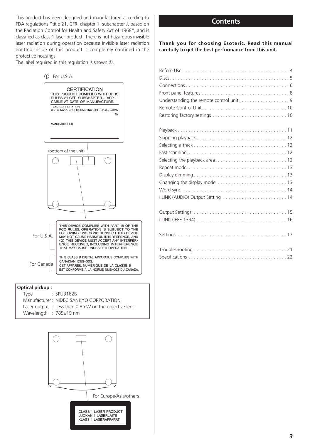 Teac SZ-1 owner manual Contents 