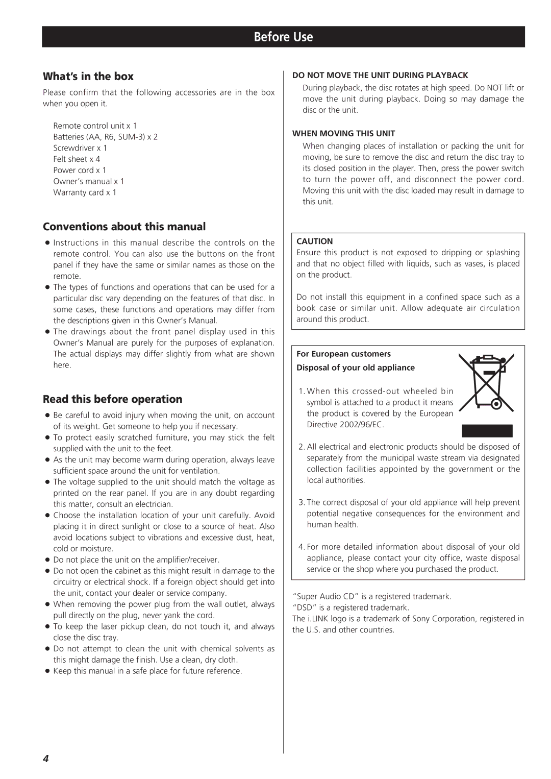 Teac SZ-1 owner manual Before Use, What’s in the box, Conventions about this manual, Read this before operation 