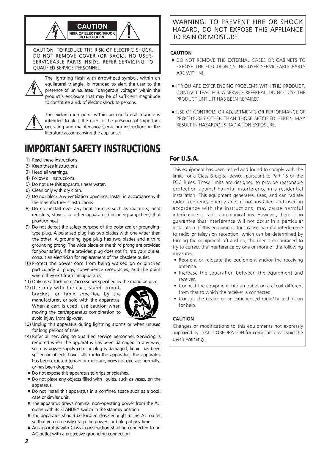 Teac SZ-1 owner manual For U.S.A, Important Safety Instructions 