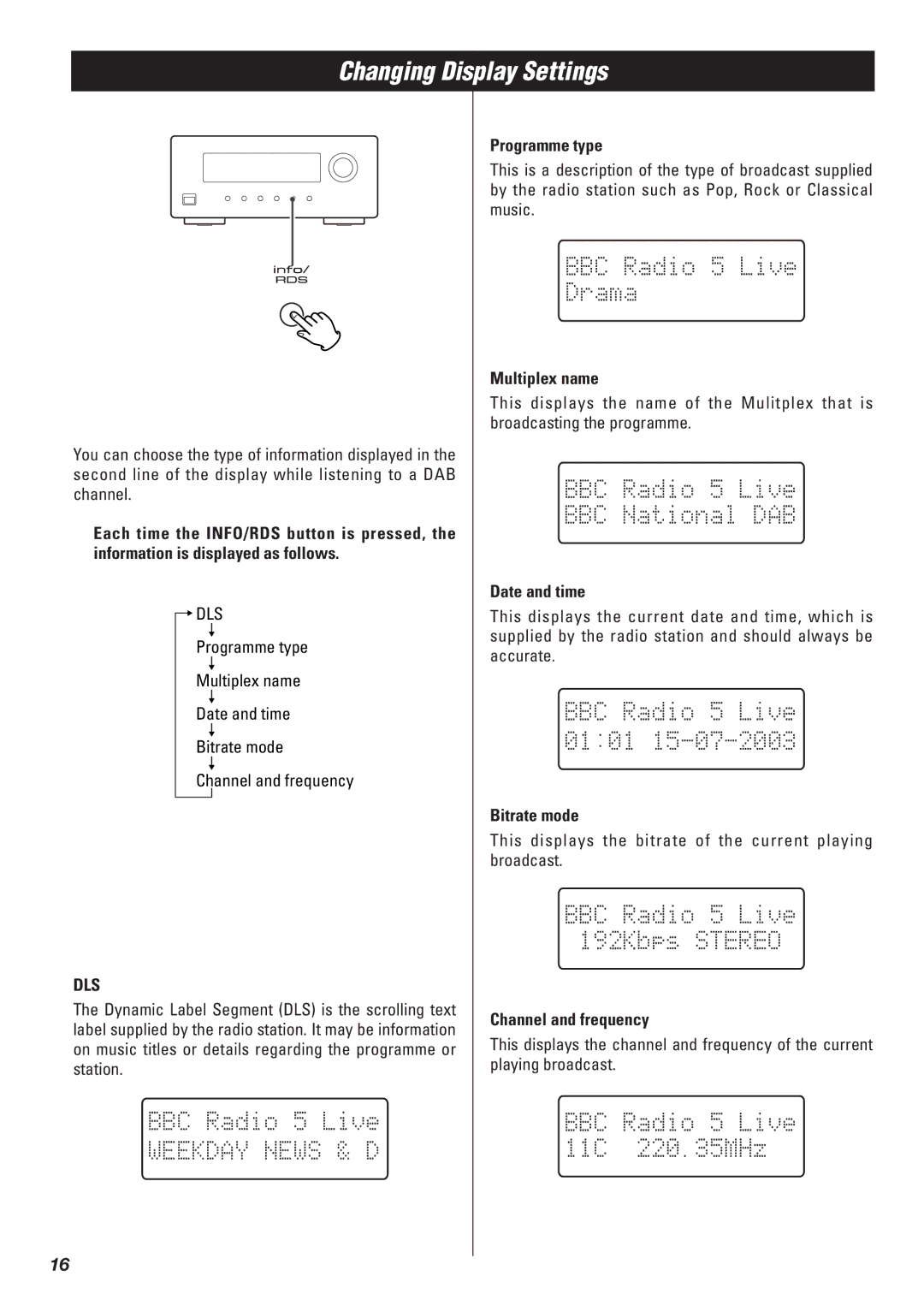 Teac T-H300DAB owner manual Changing Display Settings, Dls 